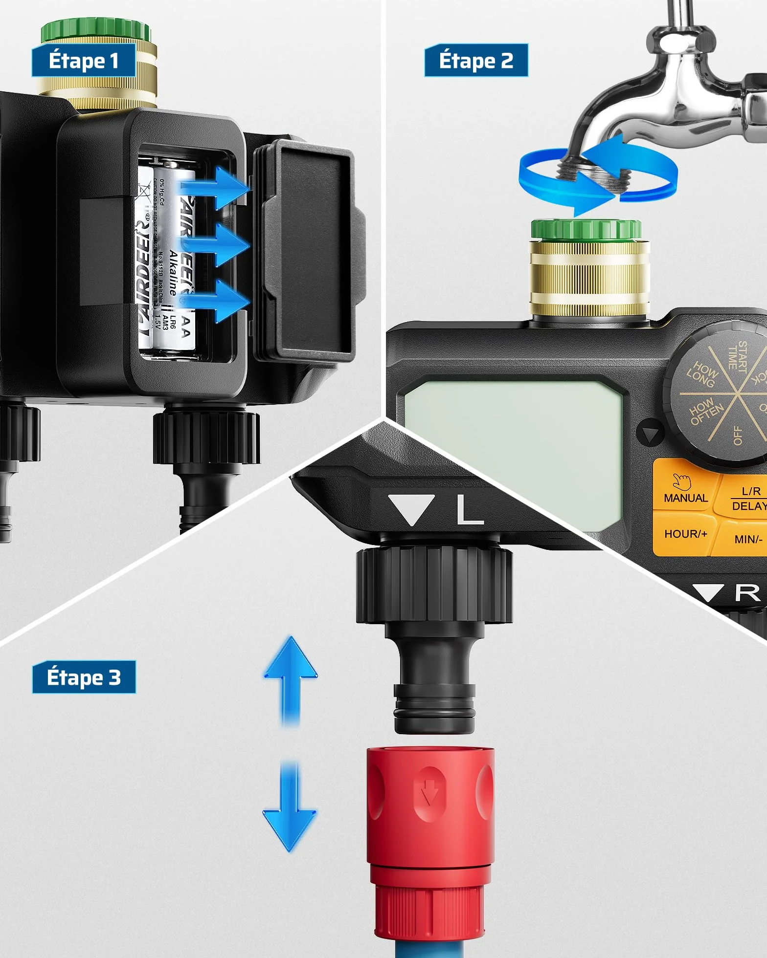 DEWENWILS Programmateur Arrosage 2 Voies, Écran LED 2,8", Entrée Laiton, IP55 Étanche
