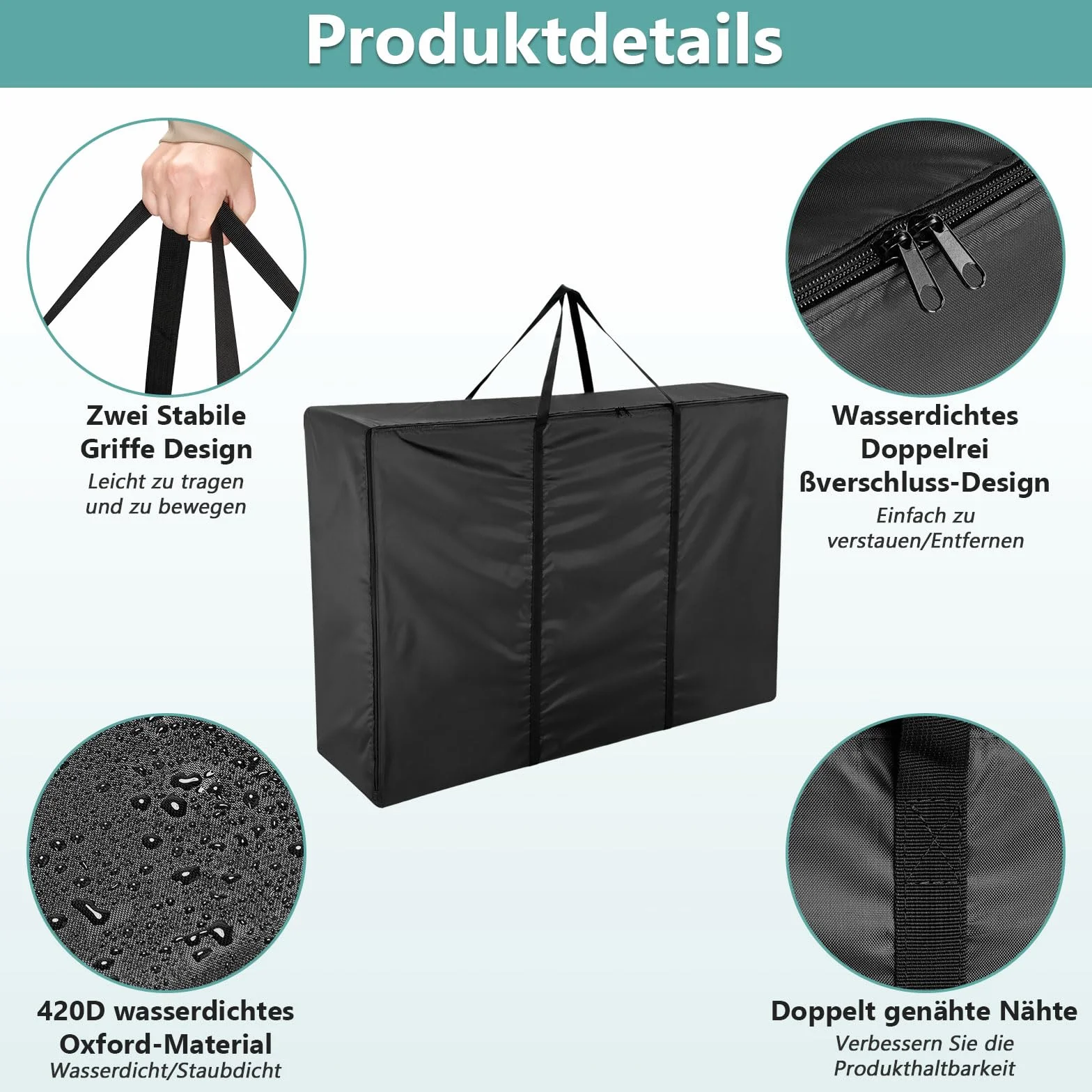 Sac de rangement de jardin imperméable 420D pour coussins 120 x 30 x 80 cm Noir