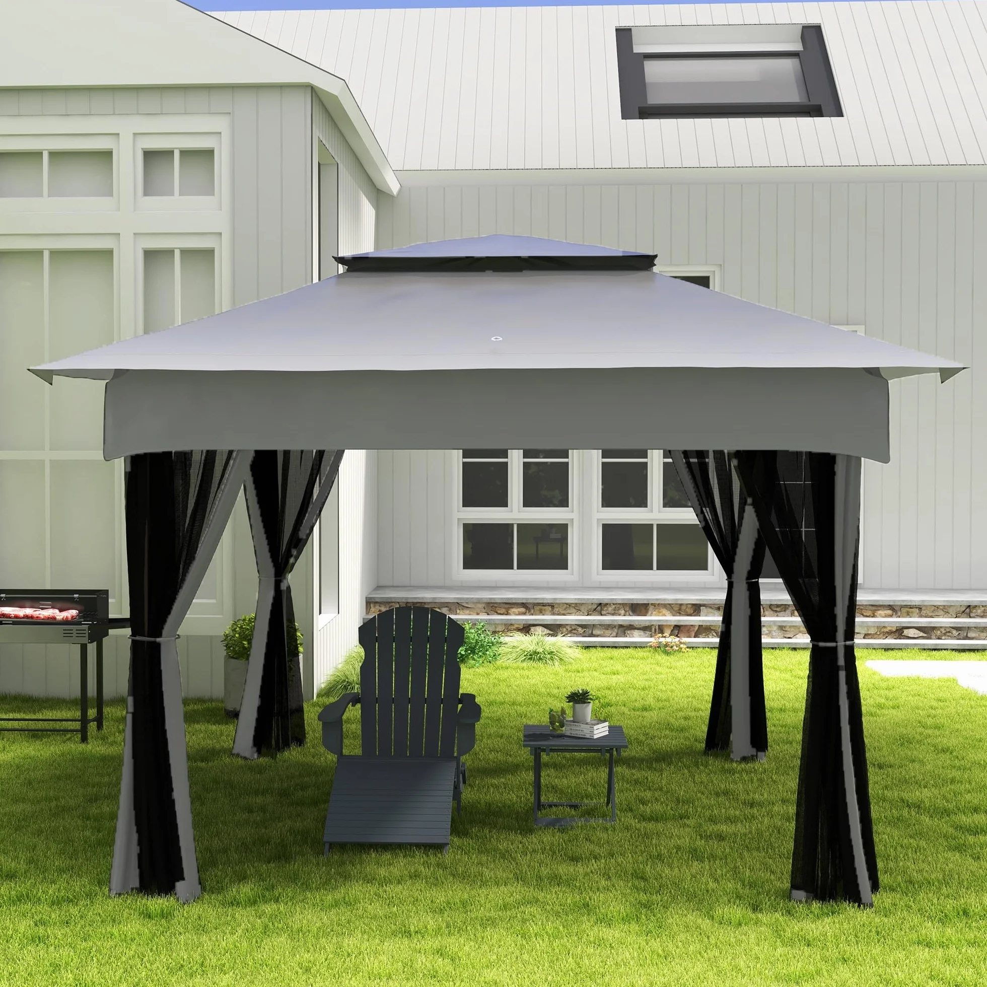 Outsunny Barbecue Charbon de Bois BBQ Grille 3 Niveaux Étagères Latérales Pliables Acier Inoxydable Pare-Vent Amovible 118x32x90 cm Noir