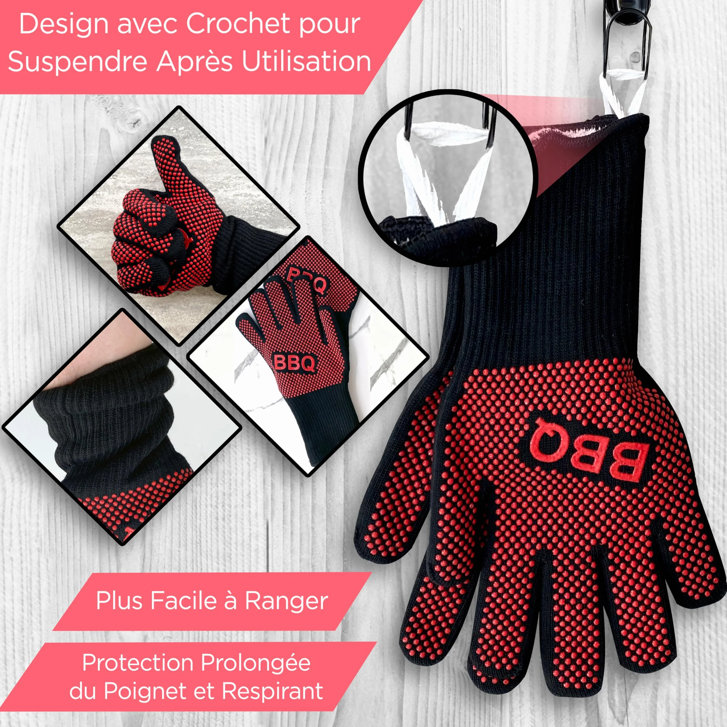 Nutrichef Gants de Barbecue Thermiques Anti Chaleur 800°C, Gants de Cuisine Anti Brûlure avec Silicone Antidérapant