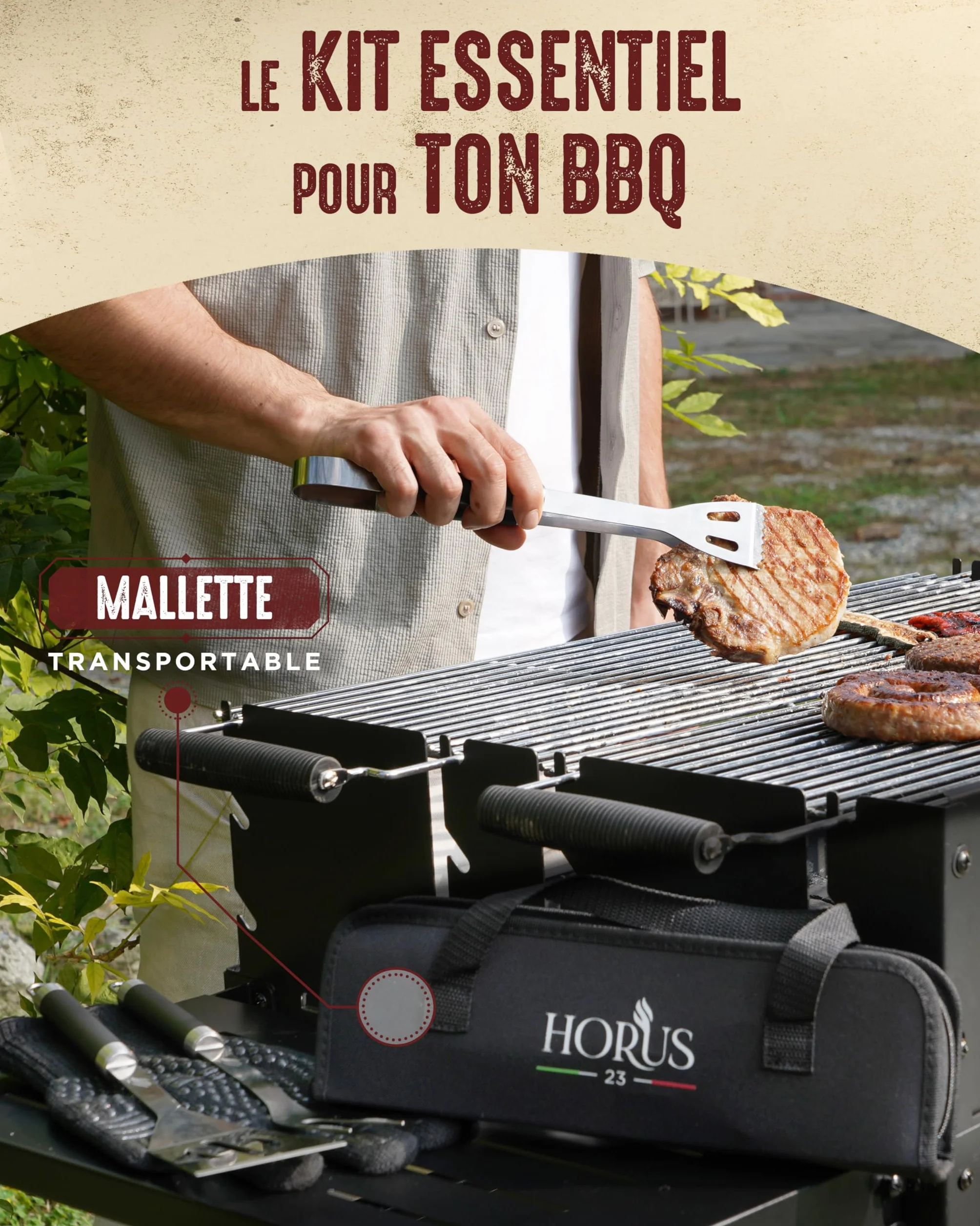 HORUS 23® Kit Barbecue Professionnel 4 Ustensiles Inox avec Gant Ignifuge Coffret Cadeau