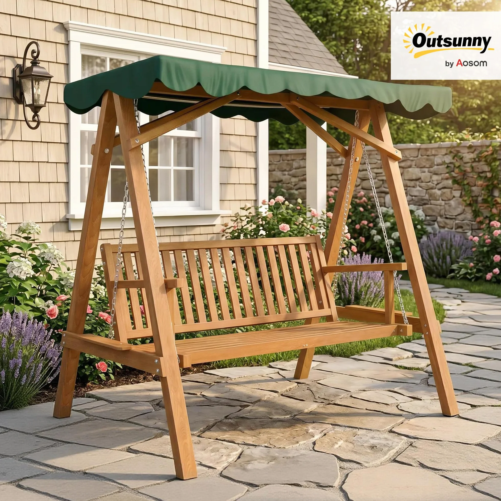 Outsunny Balancelle de Jardin 3 Places Toit imperméabilisé 360 Kg Bois de pin Vert