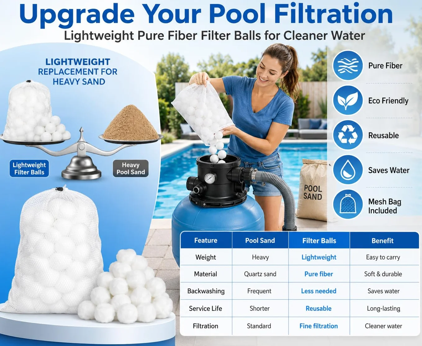 Balle Filtrante Piscine 1400g, Balles Filtrantes pour Filtre à Sable, Remplace 50kg Sable Filtration