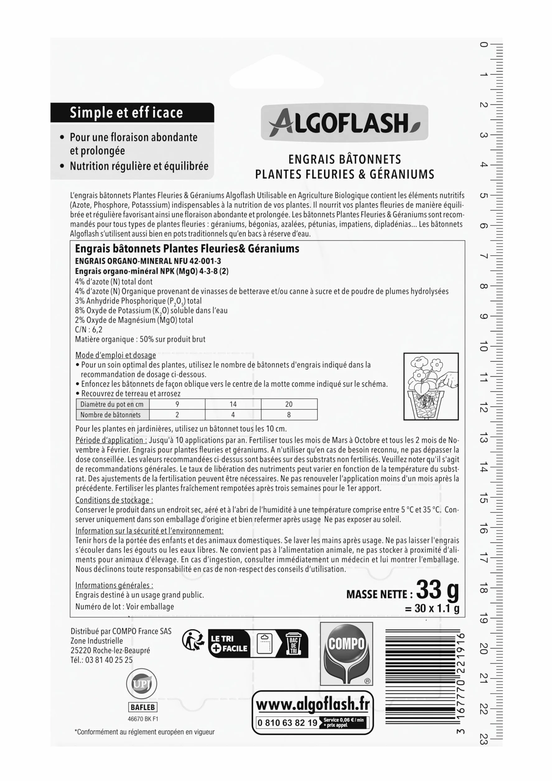 Algoflash Bâtonnets Engrais Géraniums Plantes Fleuries Biologique 30 Bâtonnets