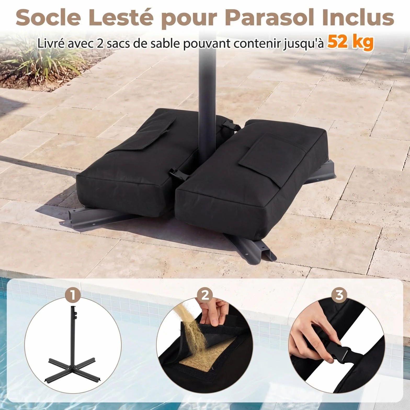 COSTWAY Parasol Déporté 3 x 3M, Parasol de Jardin Extérieur avec Pied, Rotation 360°, Anti-UV, 8 Baleines, Beige