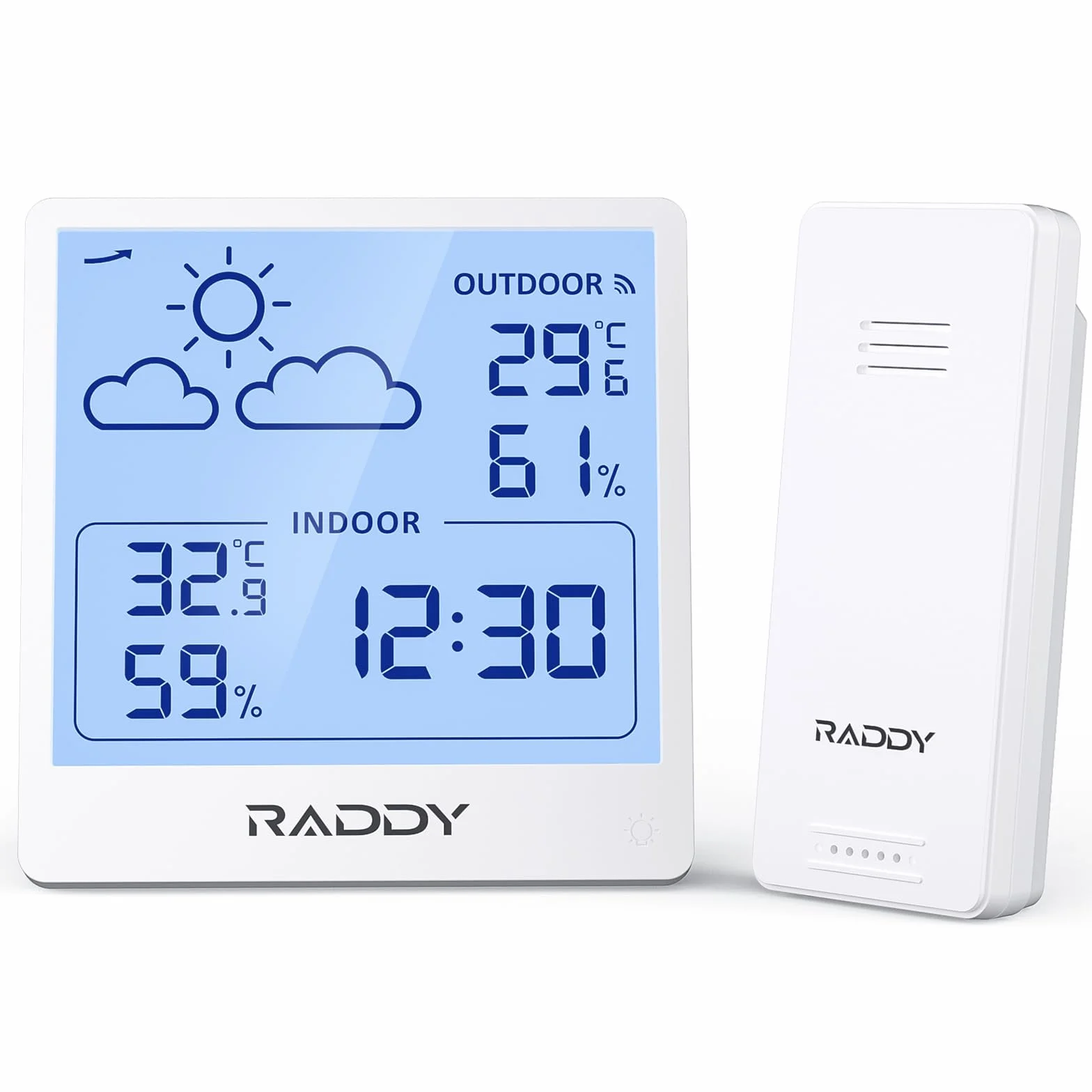 Raddy WF-50 Station météo sans fil thermomètre hygromètre intérieur extérieur 5" TN écran prévisions météo capteur à distance barométrique Blanc