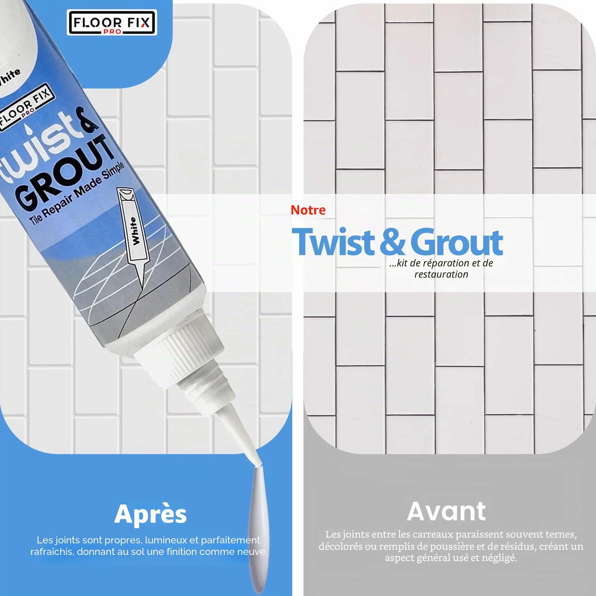 Twist & Grout de Floor-Fix Pro - Joint Carrelage. Réparation Rapide pour Salle de Bain/Douche/Cuisine - Kit de Restauration Prémélangé, Durable et Imperméable (Blanc)