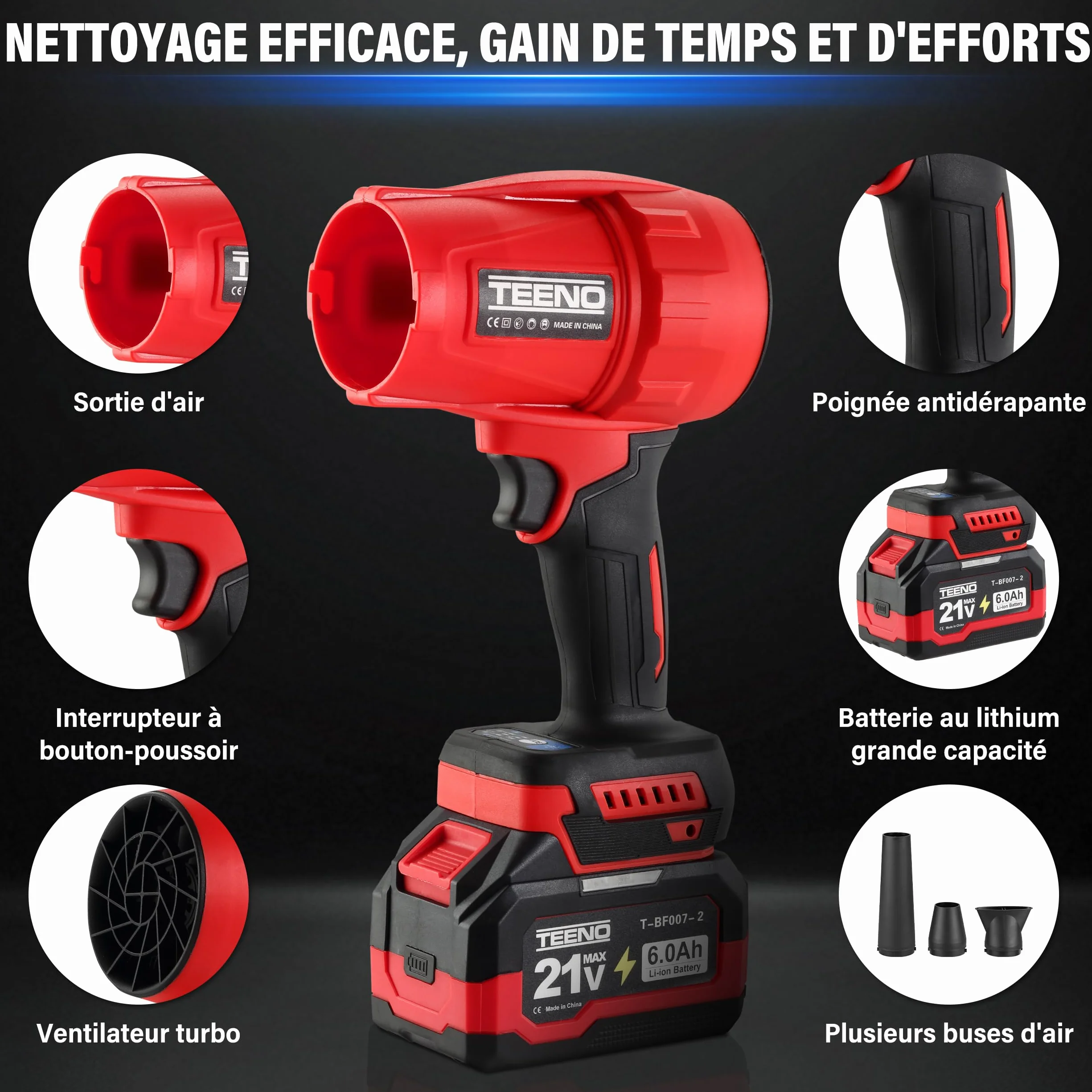 Souffleur sans Fil 21V 35000 TR/Min 3 Vitesses Compatible Batteries Makita 2x6,0Ah