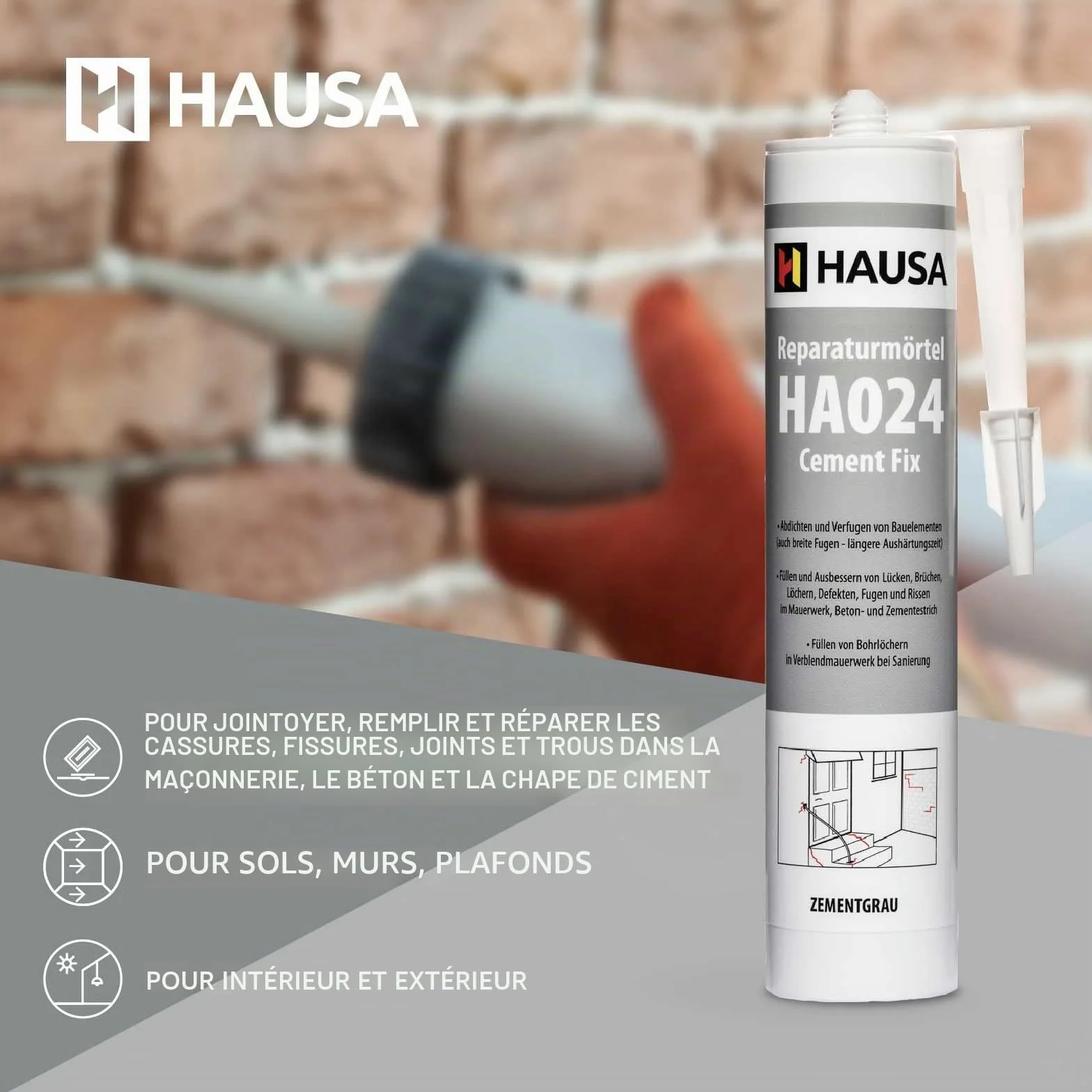 HAUSA Mortier de Réparation Cement Fix HA024 Mortier Prêt à l'Emploi pour Jointoiement Remplissage Cassures Fissures Ciment Rapide pour Intérieur et Extérieur Gris Ciment 4x 310 ml