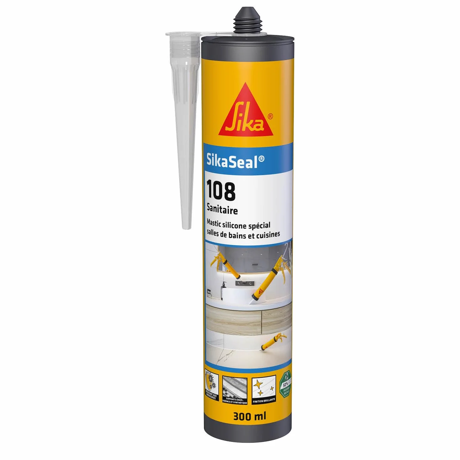 SIKA - Mastic Cuisine & Salle de Bain Anti-Moisissures - SikaSeal 108 Sanitaire Transparent - Joints silicone sanitaire longue durabilité sur multi-supports -Idéal pour travaux de plomberie - 300ml