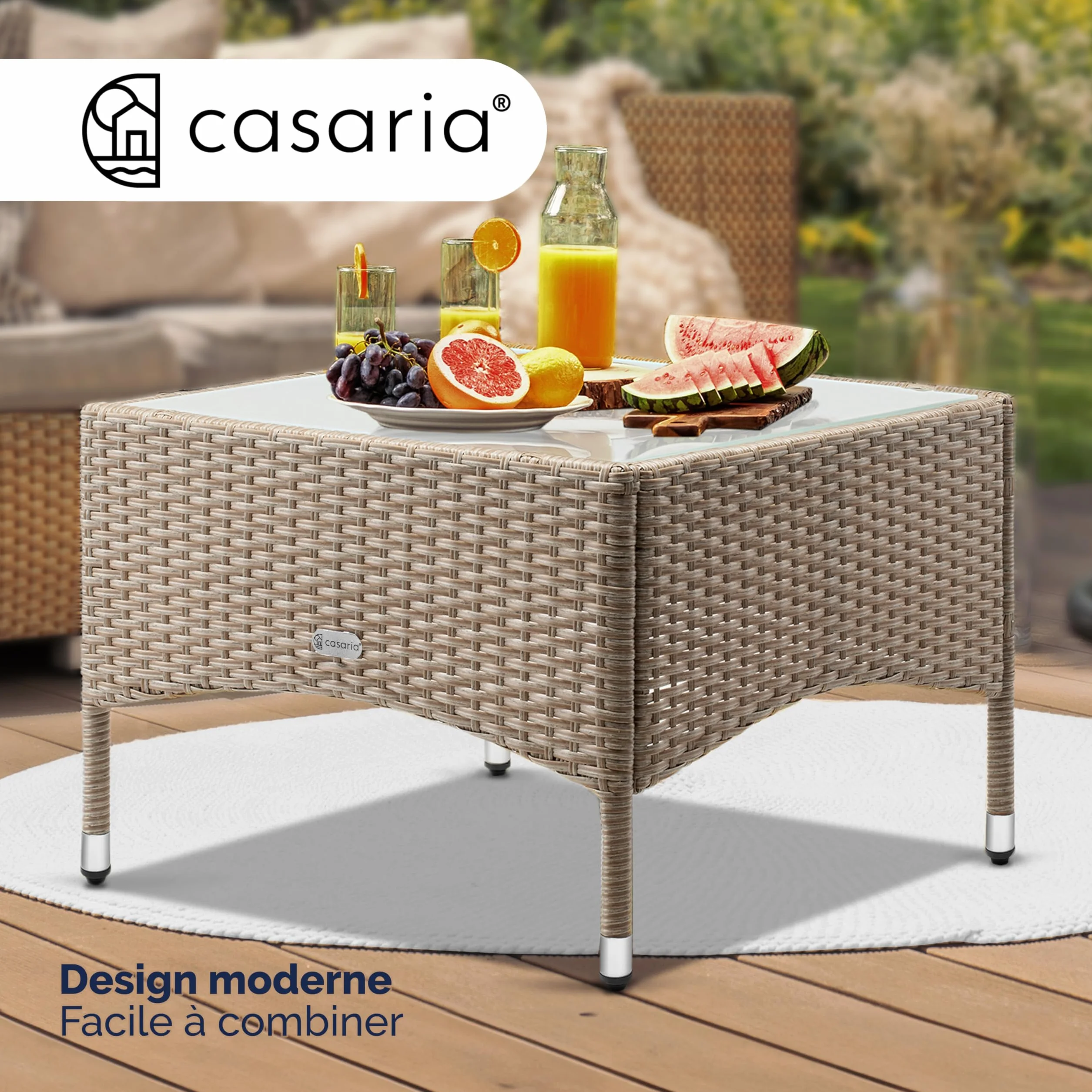 Casaria Table d'appoint en polyrotin crème 58x58x42cm Table Basse de Jardin carrée avec Plaque en Verre