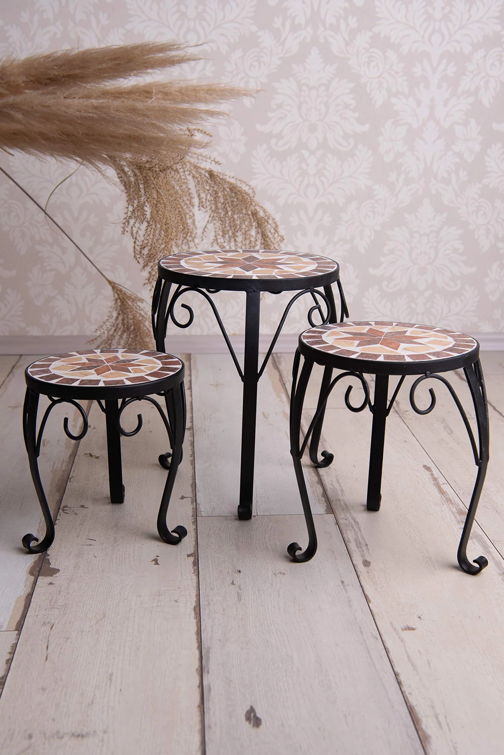 Ensemble de 3 tabourets porte-fleurs ronds à mosaïque en céramique pour jardin terrasse