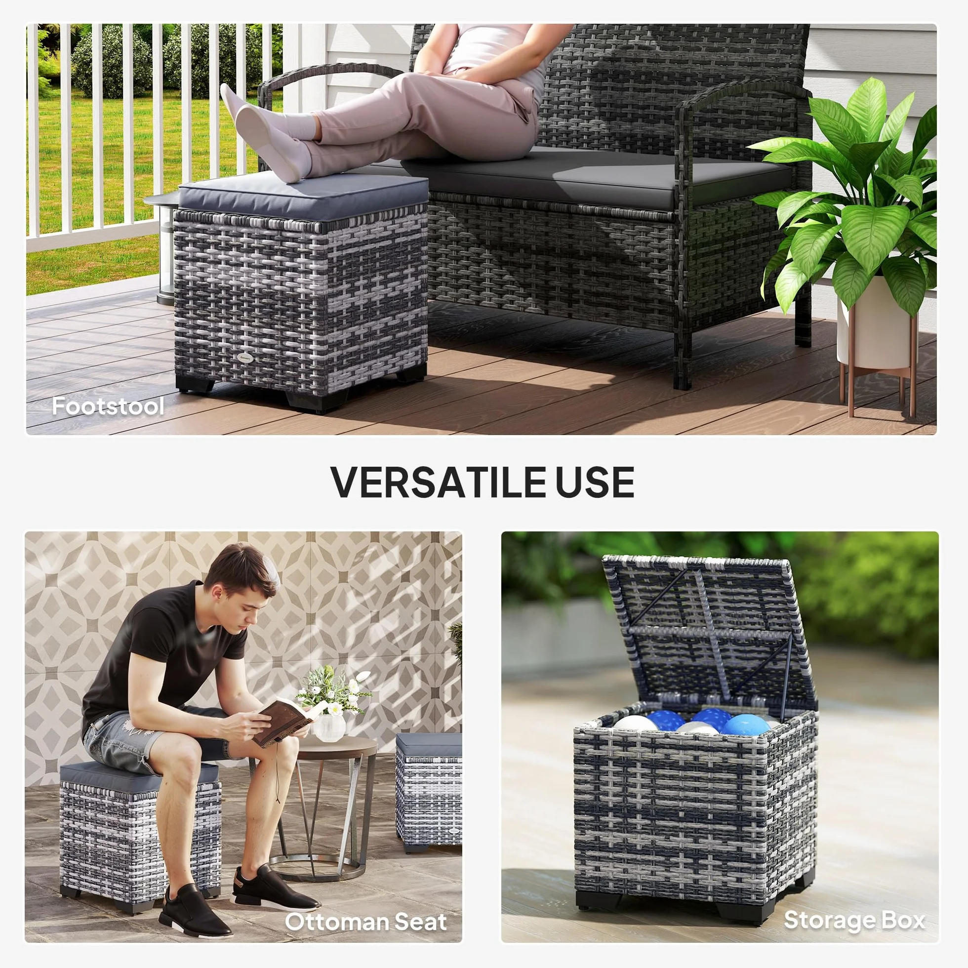 Outsunny Lot de 2 poufs de rangement en rotin avec coussins amovibles - Gris foncé
