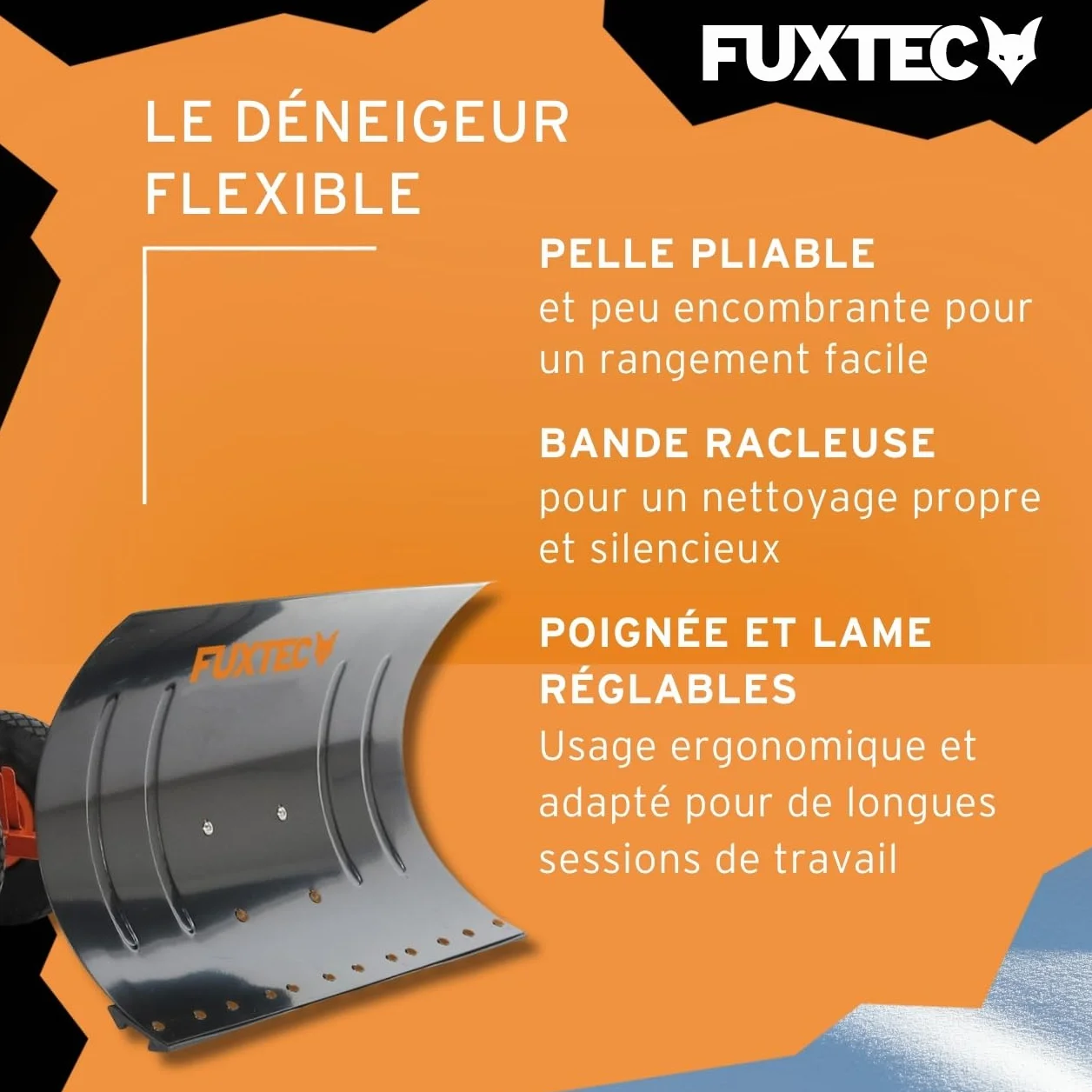 FUXTEC Pelle à Neige sur Roues Pliable 75 cm Largeur de Travail Hauteur 42 cm Hauteur réglable Angle de poussée réglable