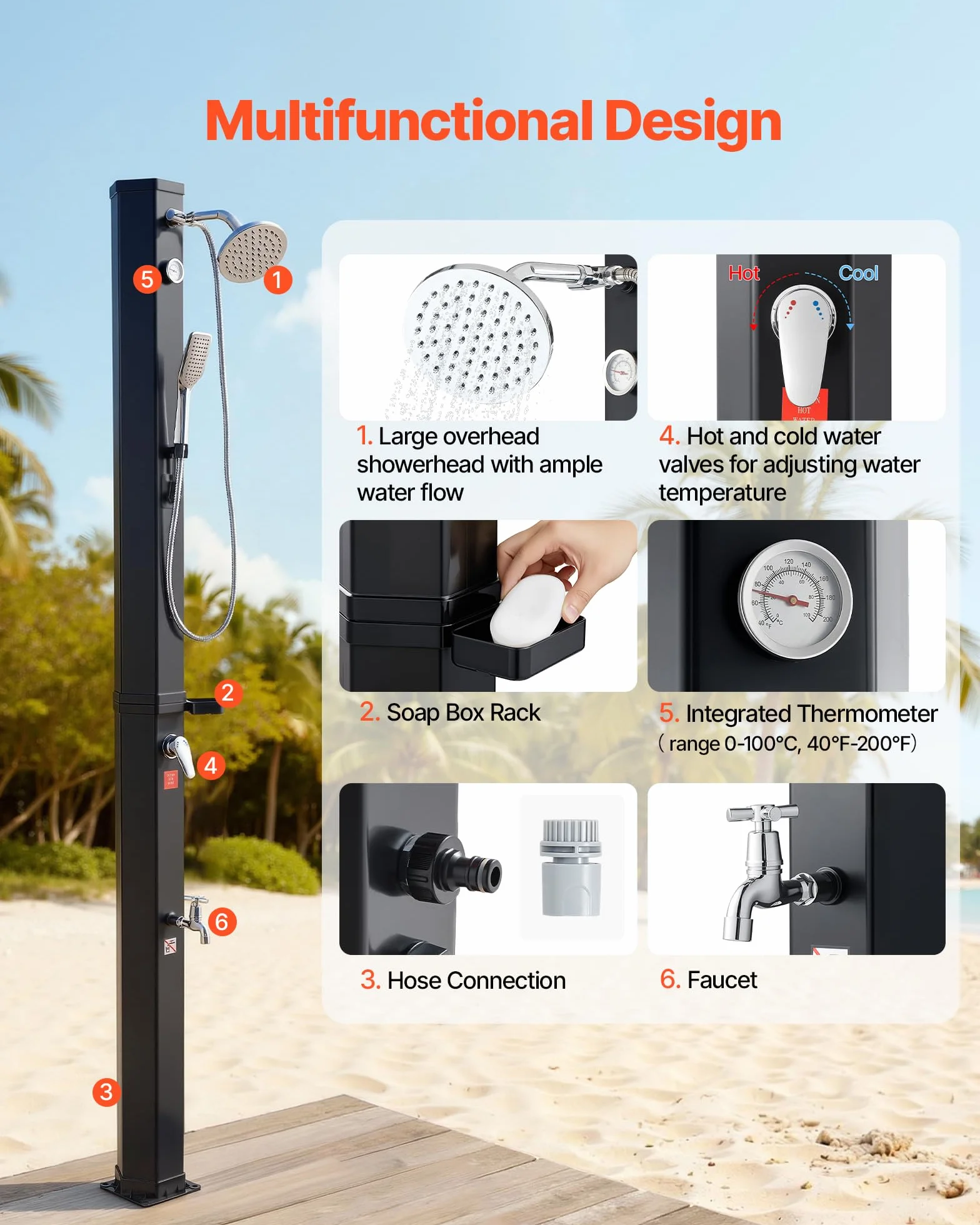 VEVOR Douche Solaire 40 L Extérieure Autoportante avec Robinet de Lavage des Pieds, Noir