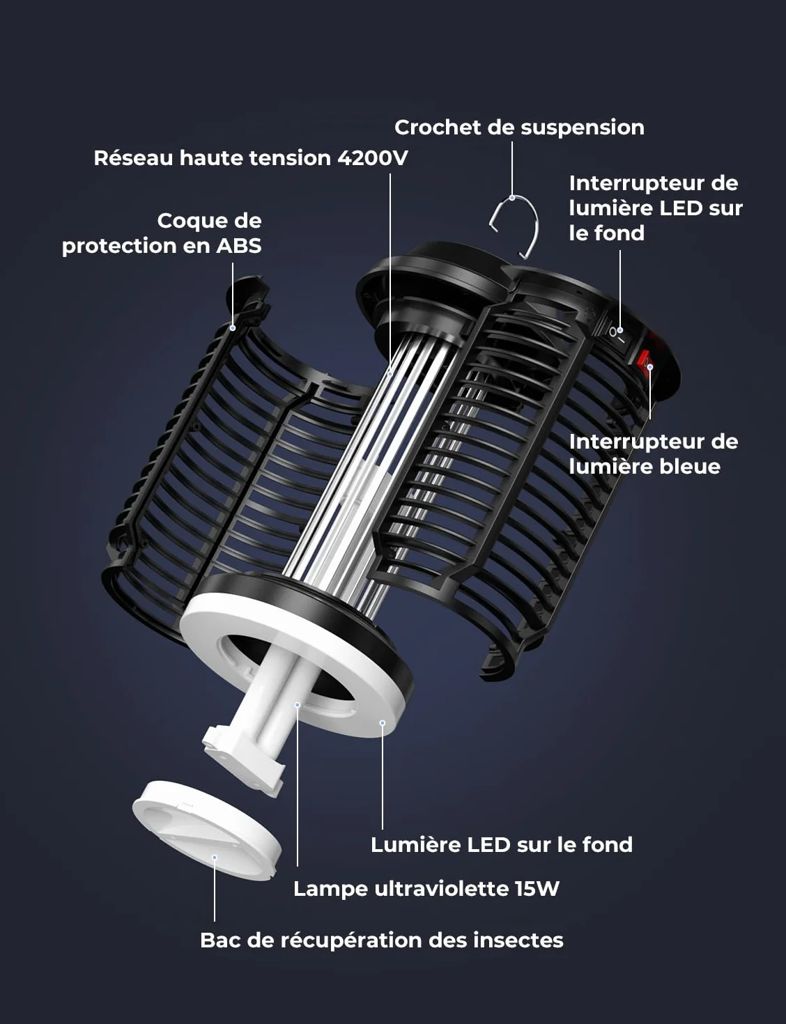 YISSVIC Lampe Anti Moustique 4200V 15W Tueur Mouche Electrique 2 en 1 LED UV IPX4 pour Extérieur et Interieur