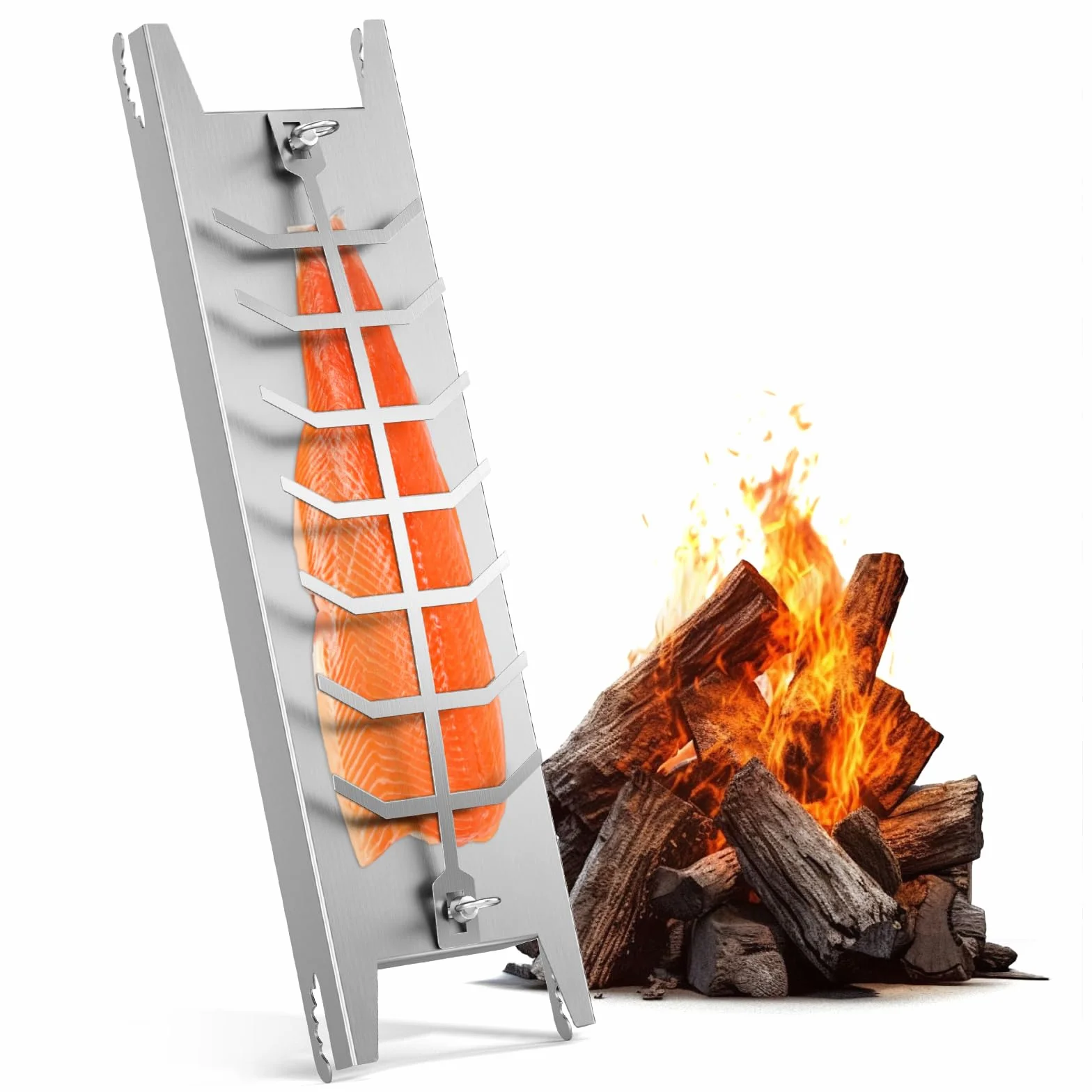 Planche à saumon flambée avec support en acier inoxydable, rotation 180°, pour brasero & barbecue, 23.43 x 6.3 x 1.42 Inch