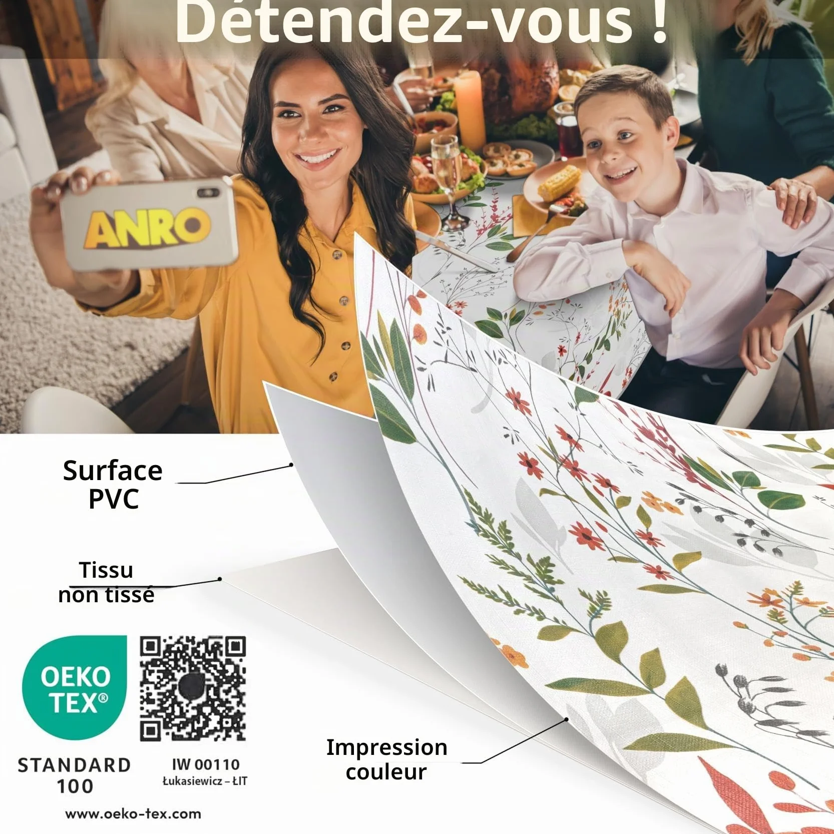 Nappe en Toile cirée Ovale 180 x 140 cm Lavable Imperméable Effet Lotus Bord coupé
