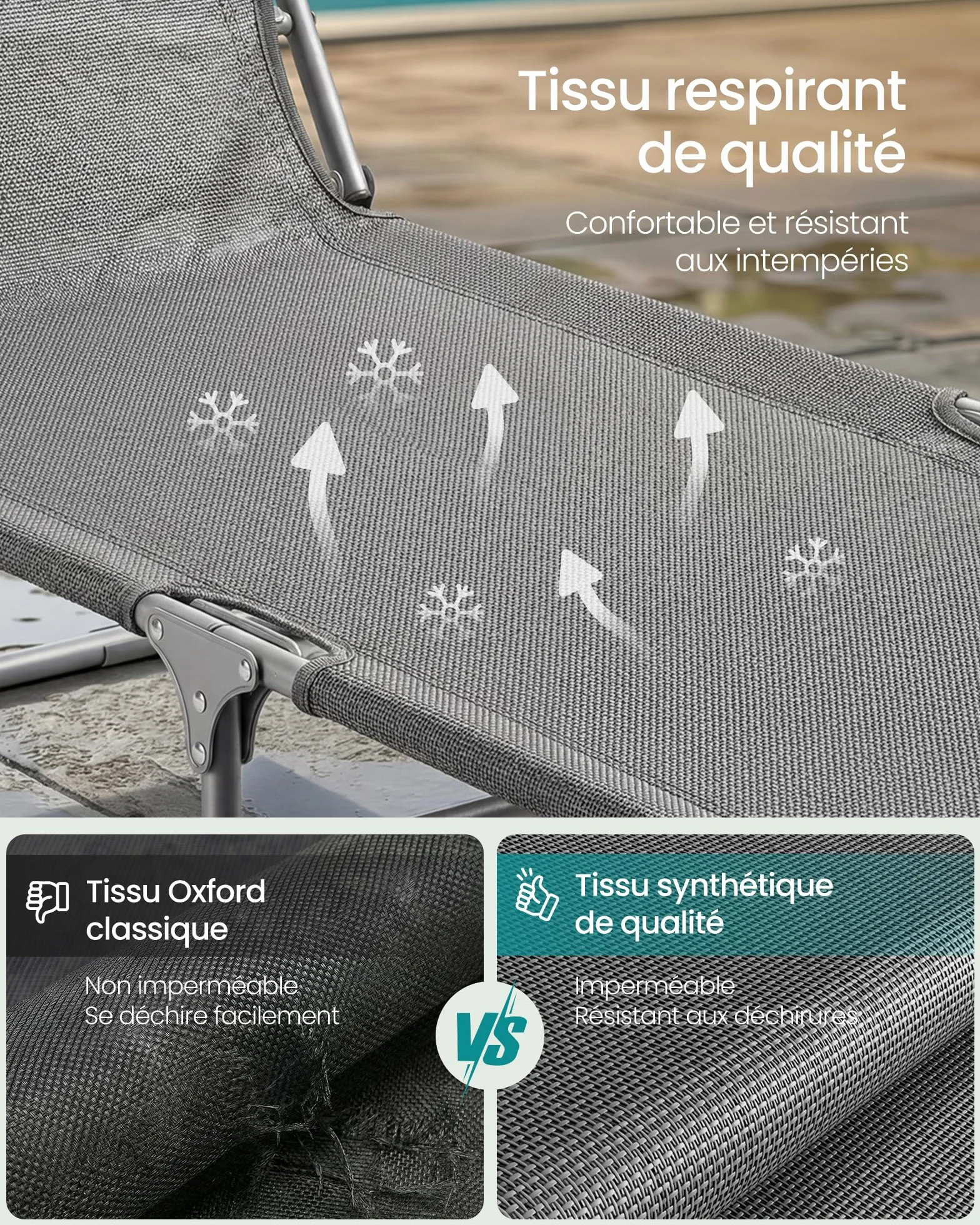 SONGMICS Lot de 2 Chaises Longues Pliantes 189 x 53 x 28,5 cm Transats Jardin Dossier Réglable Gris