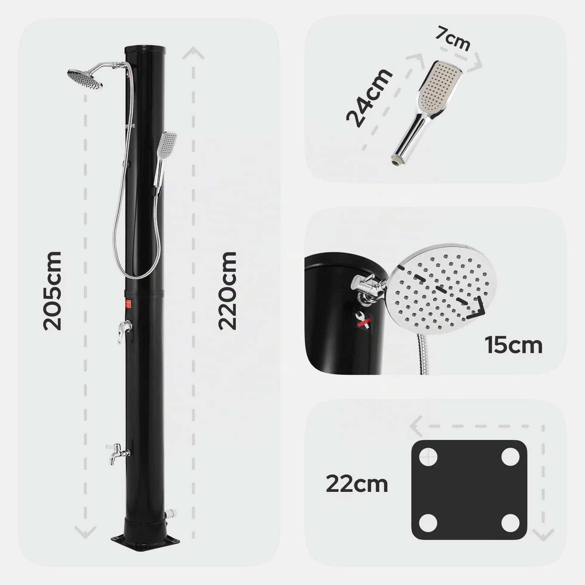 AREBOS Douche Solaire 40 L avec thermomètre intégré, Noir