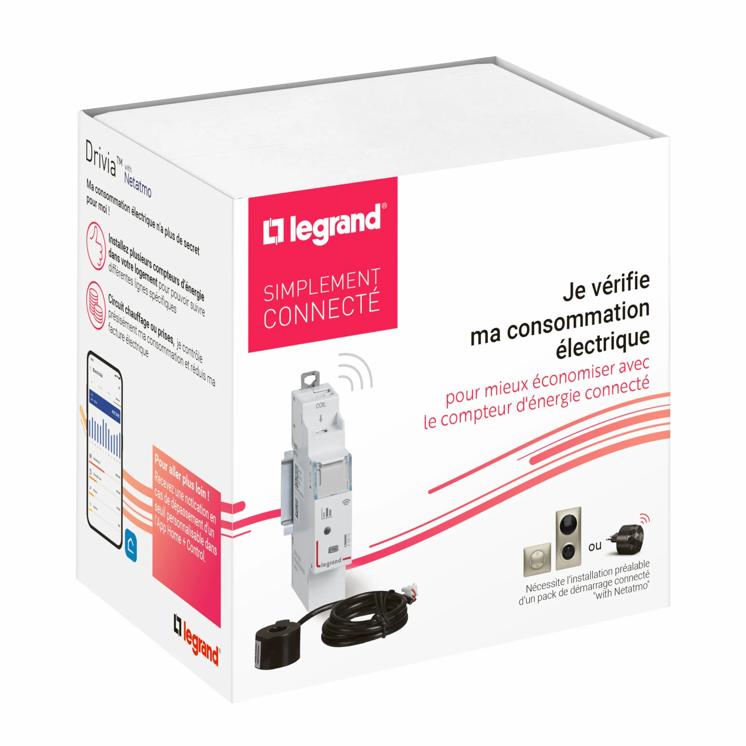 LEGRAND - 199118 - Compteur d'énergie monophasé connecté Drivia with Netatmo - Livré avec 1 tore de mesure fermé 80A maximum - Emballage BTC - Gris
