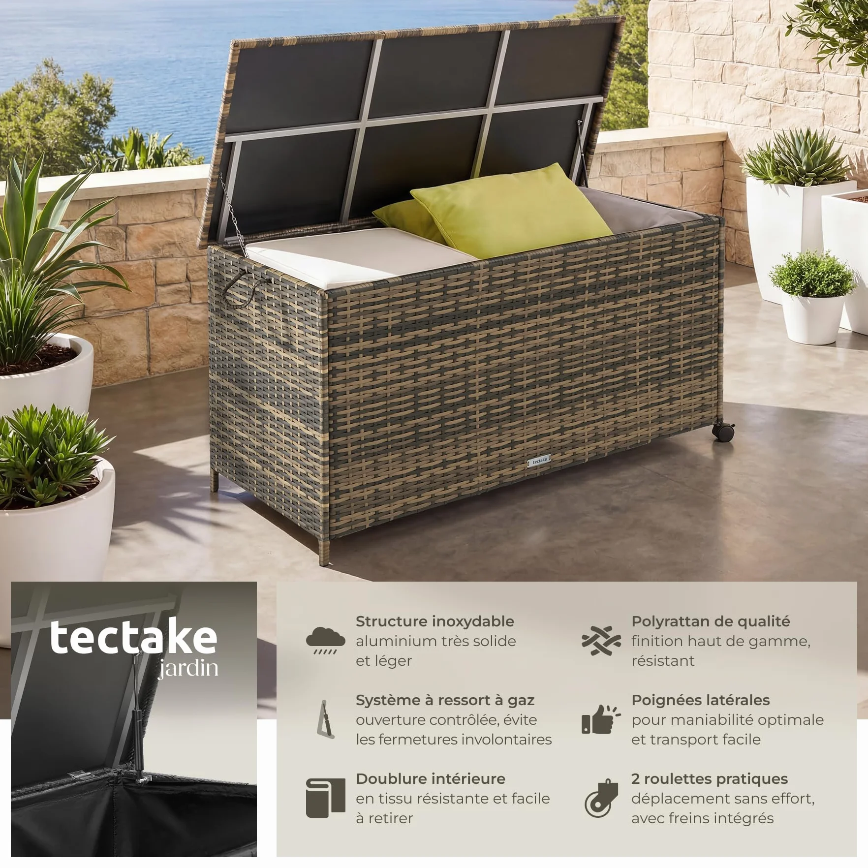 tectake Coffre de rangement exterieur en rotin 116 x 54 x 64 cm 253L Aluminium 2 Roulettes pivotantes Frein de blocage