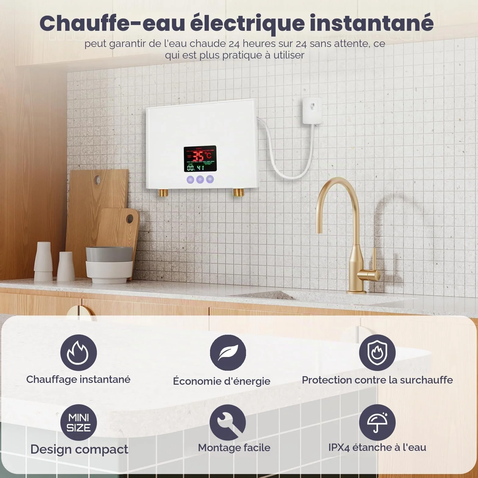 Chauffe-eau instantané électrique 220V 3KW avec affichage LED