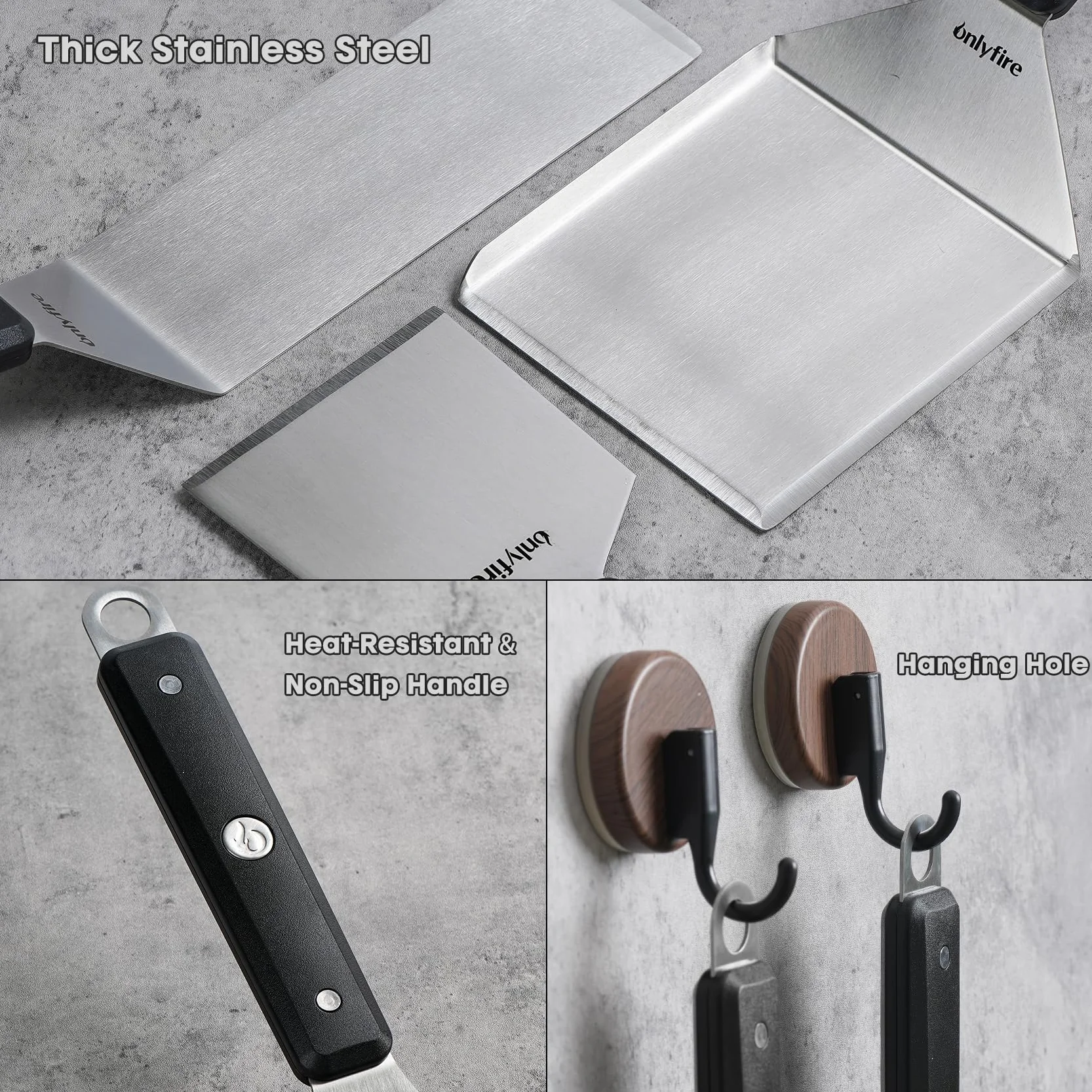 Onlyfire Set de 3 Spatules BBQ Plancha Acier Inoxydable - Spatule à Rebords, Longue et Grattoir - Accessoires Barbecue, Teppanyaki, Smash Burgers