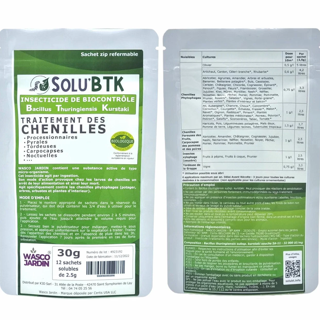 Insecticide Bacillus Thuringiensis Kurstaki 30 g 40 L Chenilles Pyrales Tordeuses Carpocapses Noctuelles Agriculture Biologique
