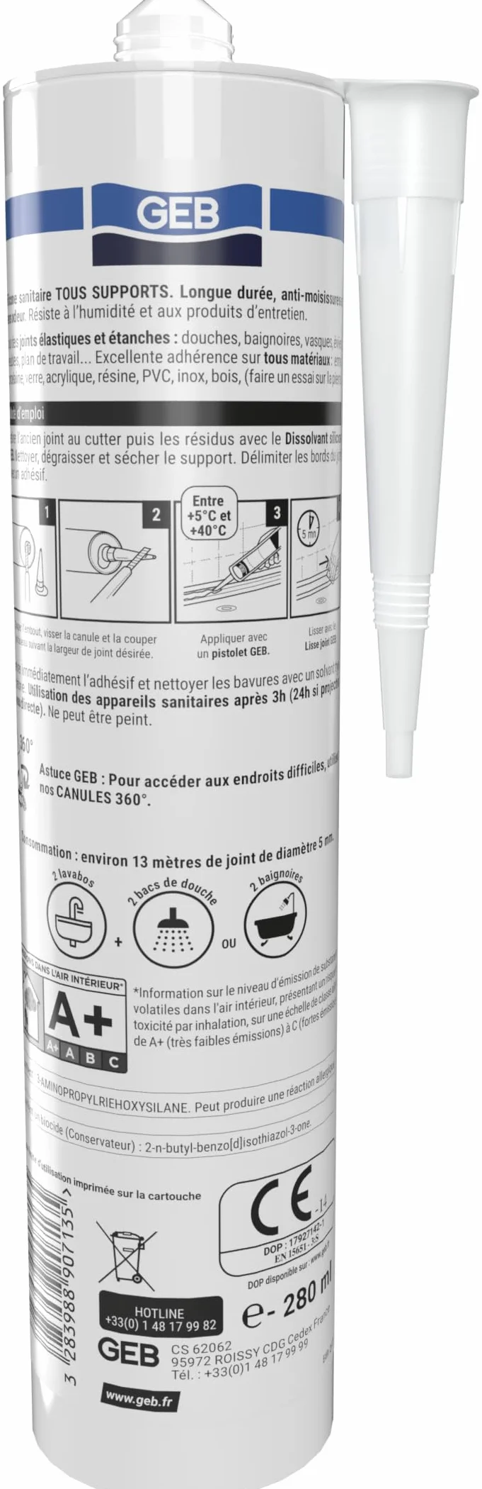 GEB Silicone Sanitaire Tous Supports – Baignoire, Douche, Lavabo, Évier – Anti-Moisissures, Sans Odeur, Longue Durée – Gris anthracite – 280 ml