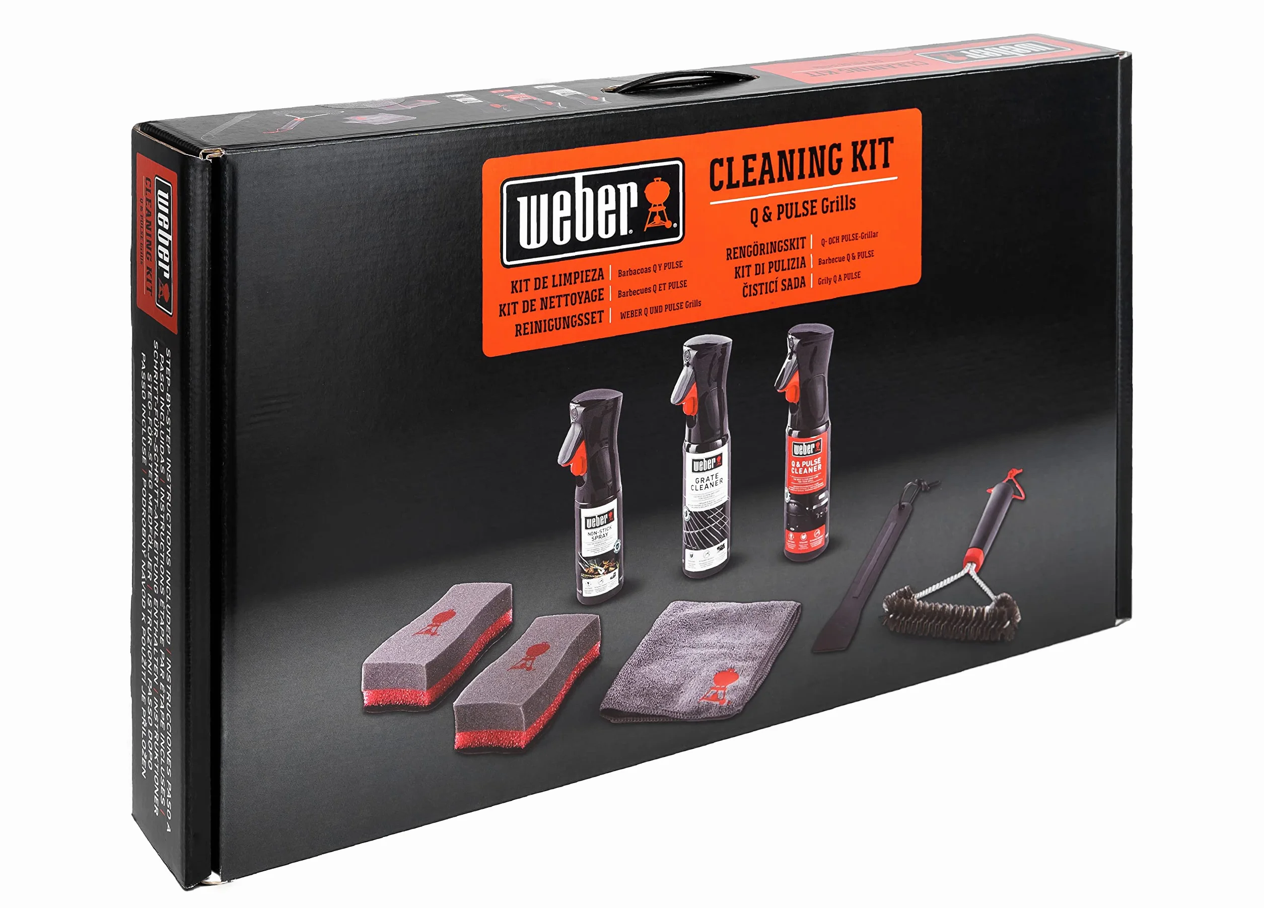 Weber Kit de nettoyage pour barbecues Q et Pulse - Nettoyant grilles, huile anti-adhérence, brosse 3 côtés, grattoir, chiffon microfibre, 2 éponges