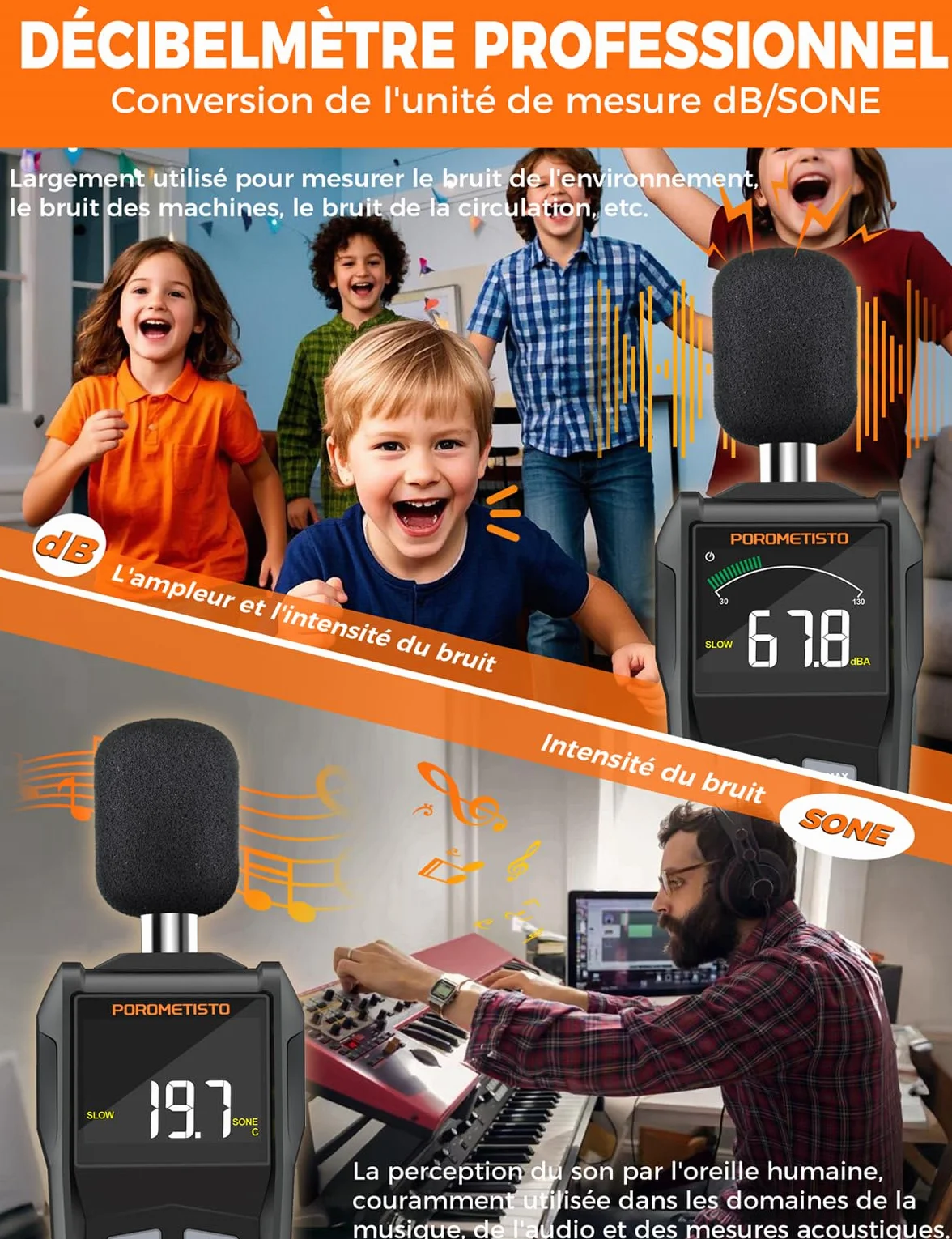 Sonomètre, POROMETISTO SL01,30-130db Sonometre Decibelmetre, Unités dB/SONE à Commutation Rapide, Affichage MAX/MIN, Conservation des données Decibelmetre -S'applique à Nuisances Sonores de Voisinage