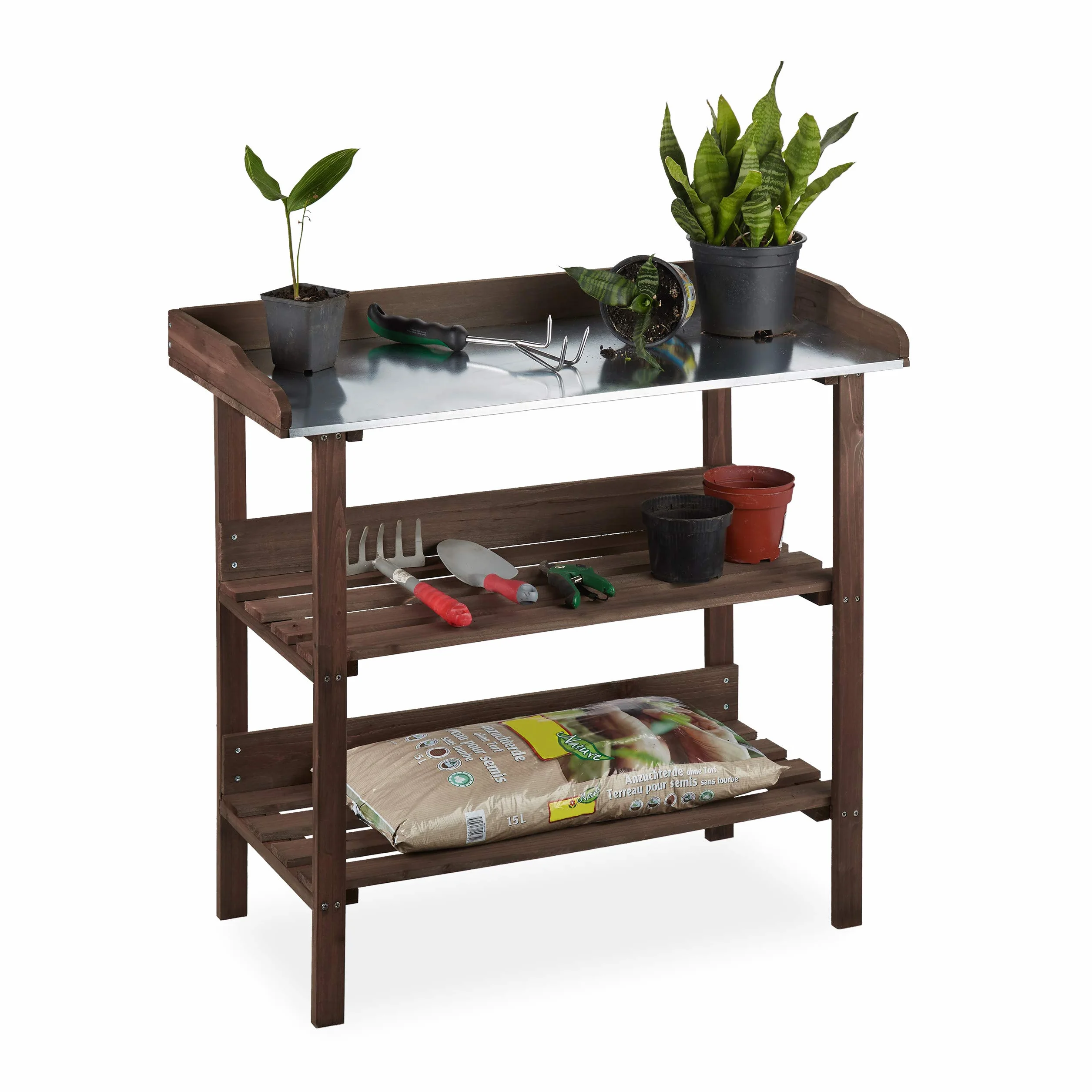 Relaxdays Plaque métallique Table de dépotage avec rangements Bois 86 x 92 x 41 cm Marron
