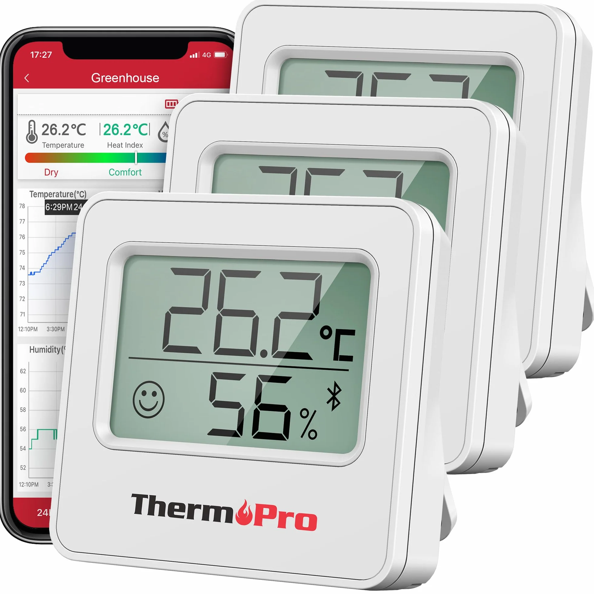 Thermopro TempPro TP357 3 Pièces Hygromètre Intérieur Connecté Bluetooth Thermomètre Intérieur