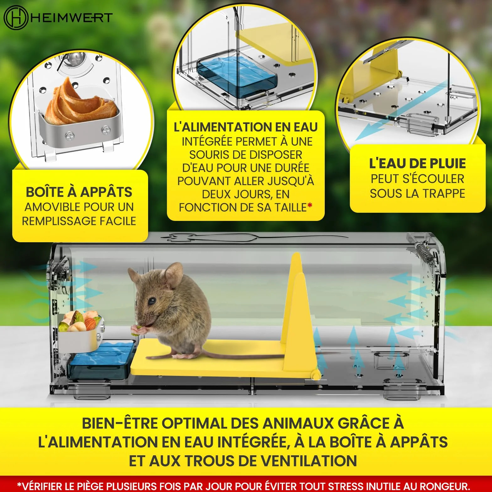 HEIMWERT Piège à Souris Vivantes Set de 2 - avec Stockage d'Eau, Boîte d'Appât, Trous de Ventilation – Piège à Rat avec Sortie Rapide sans Contact
