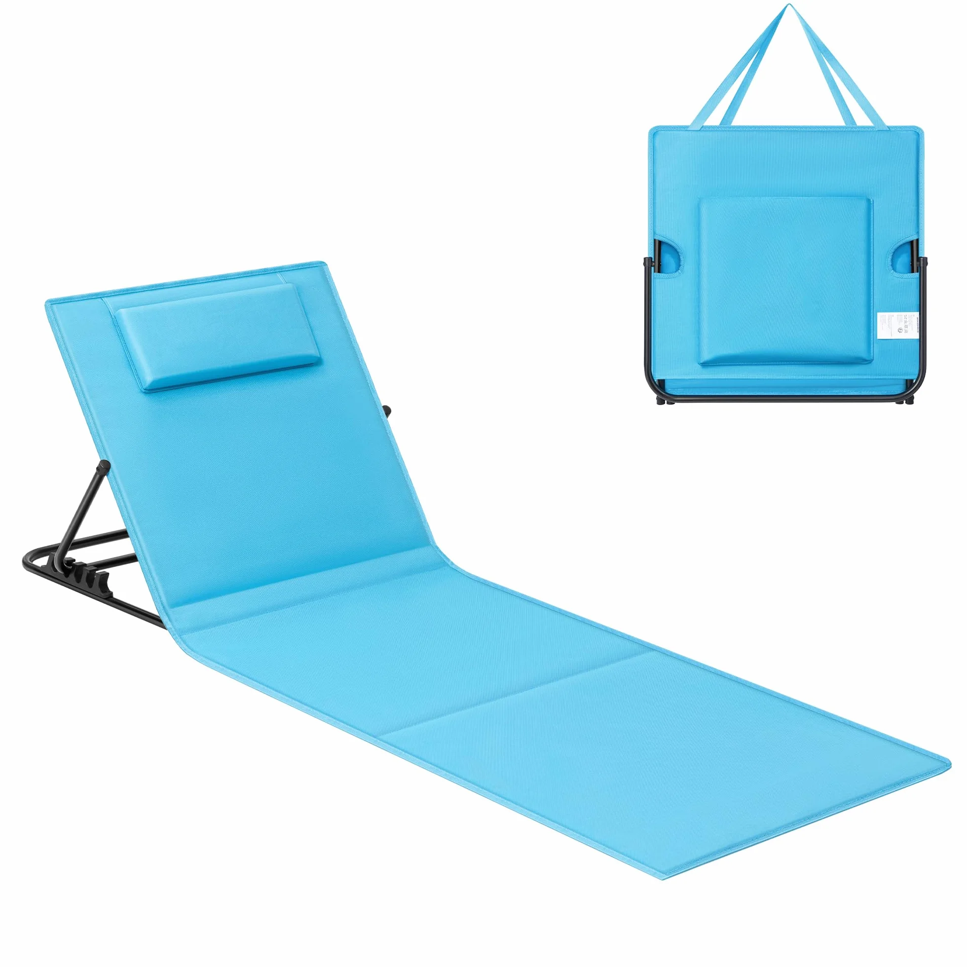SONGMICS Chaise Longue Transat de Plage 158x55 cm Bleu Ciel Dossier Inclinable Appui-tête Portable
