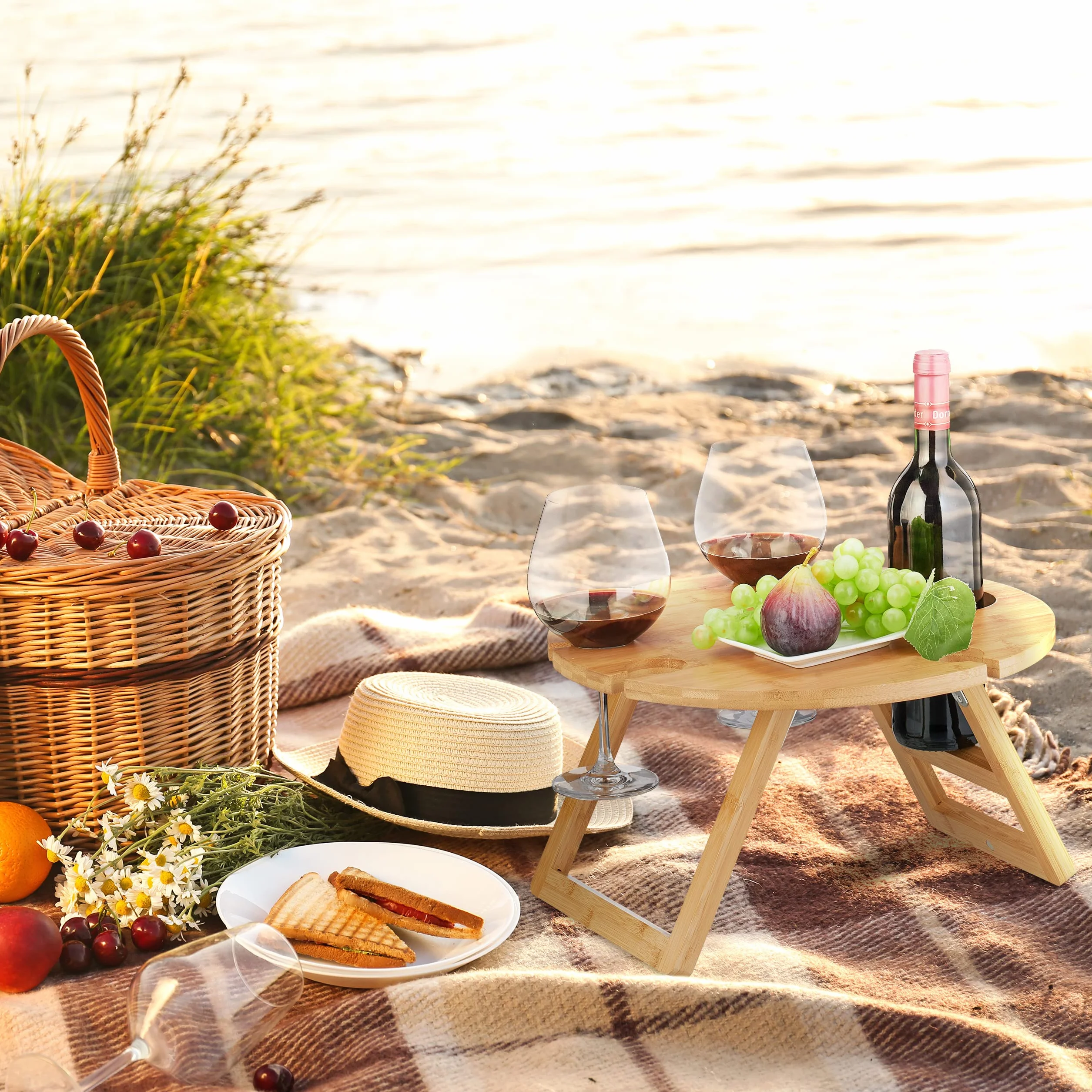 Relaxdays Mini-Table portative Ronde Pliante 22x39 cm Bambou Nature