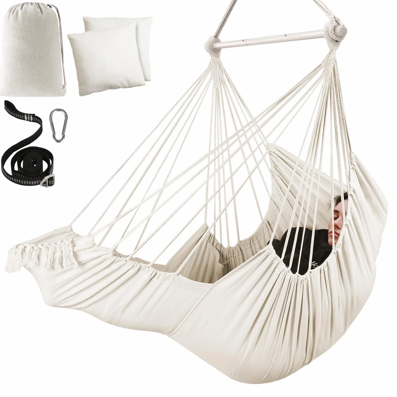 Chihee Chaise Hamac Balançoire Suspendue avec Coussins Repose-Pieds, Sangle et Mousqueton, Barre Métal Repliable Coton Tissé Poche Latérale