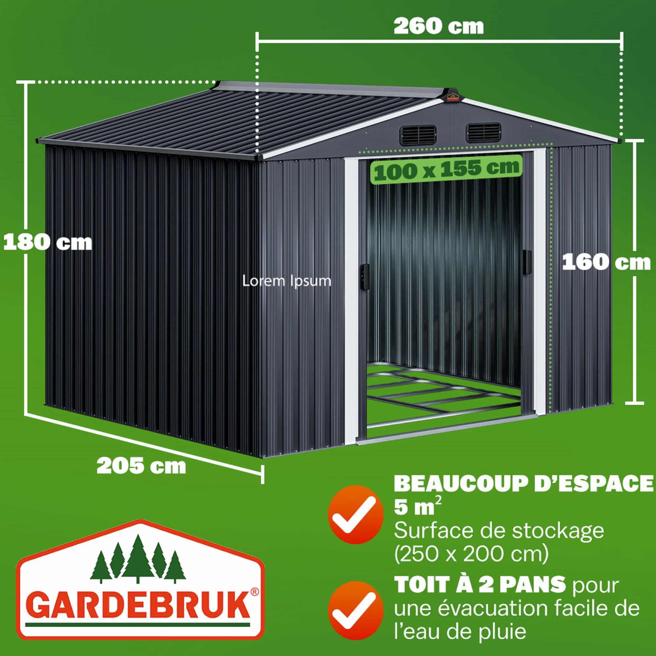 GARDEBRUK® Abri de Jardin métal XXL 5m² 260x205x180cm Porte coulissante Anthracite