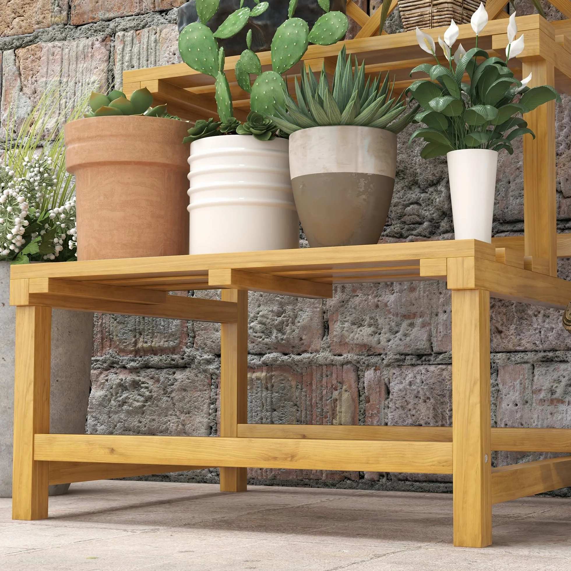 Outsunny Support plantes intérieur porte plante à deux niveaux avec treillis bois massif jaune