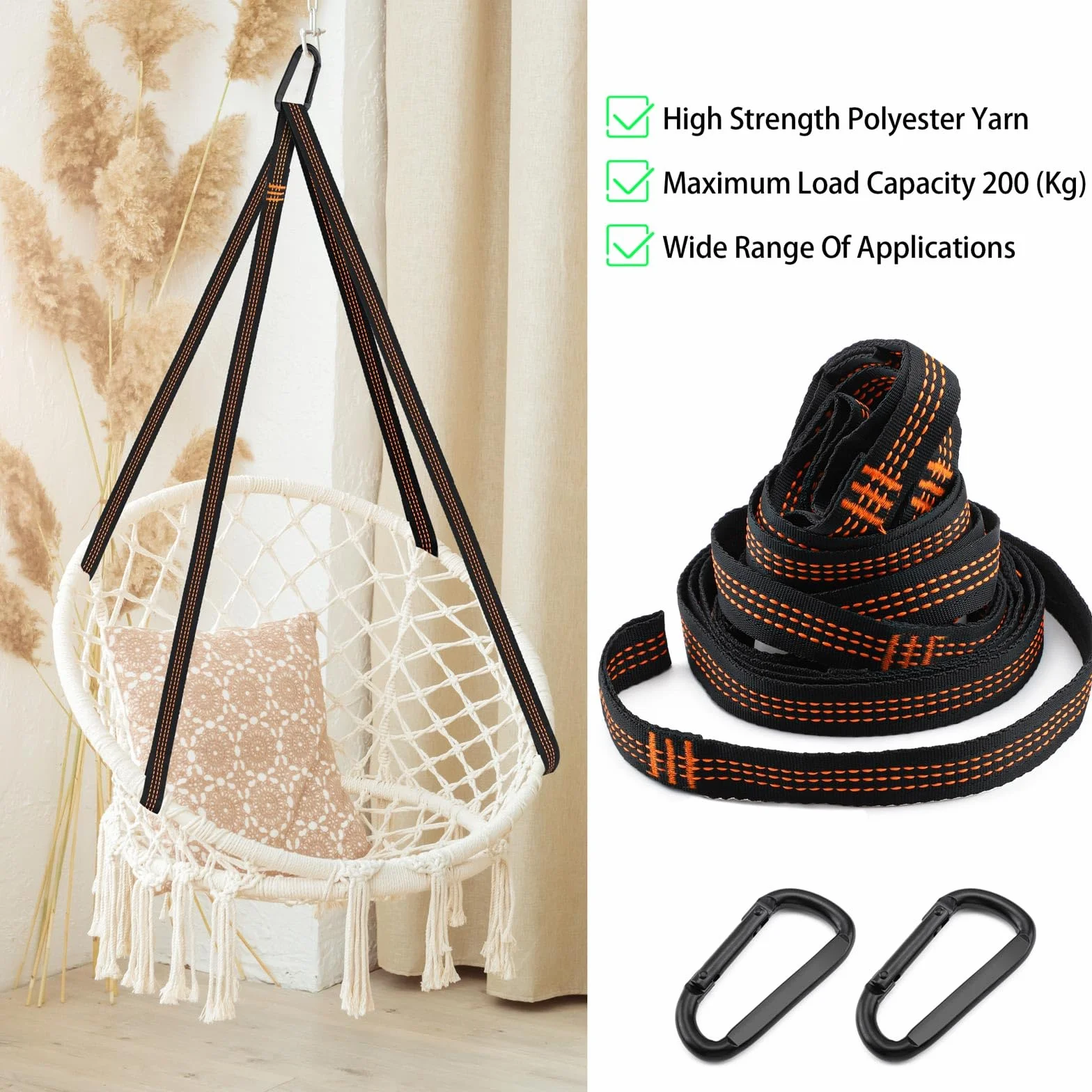 Sangles pour Hamac 2m 2,5cm 200 Kg avec Mousquetons Camping