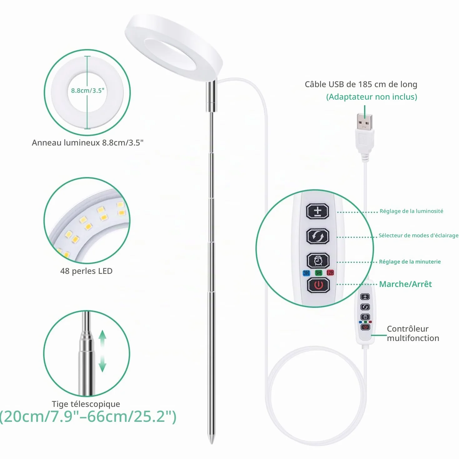 Mcbazel Lampe Plante LED Croissance 24 LED Spectre Complet Hauteur Réglable 61,5 cm Minuterie 4H/8H/12H 10 Niveaux Luminosité