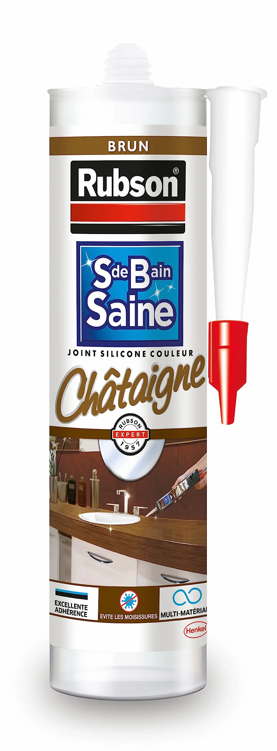 Rubson Mastic Salle de bain Saine Couleur Marron "Châtaigne", Joint silicone multi-matériaux renforcé en antifongiques, mastic sanitaire coloré, souple & étanche, 280 ml