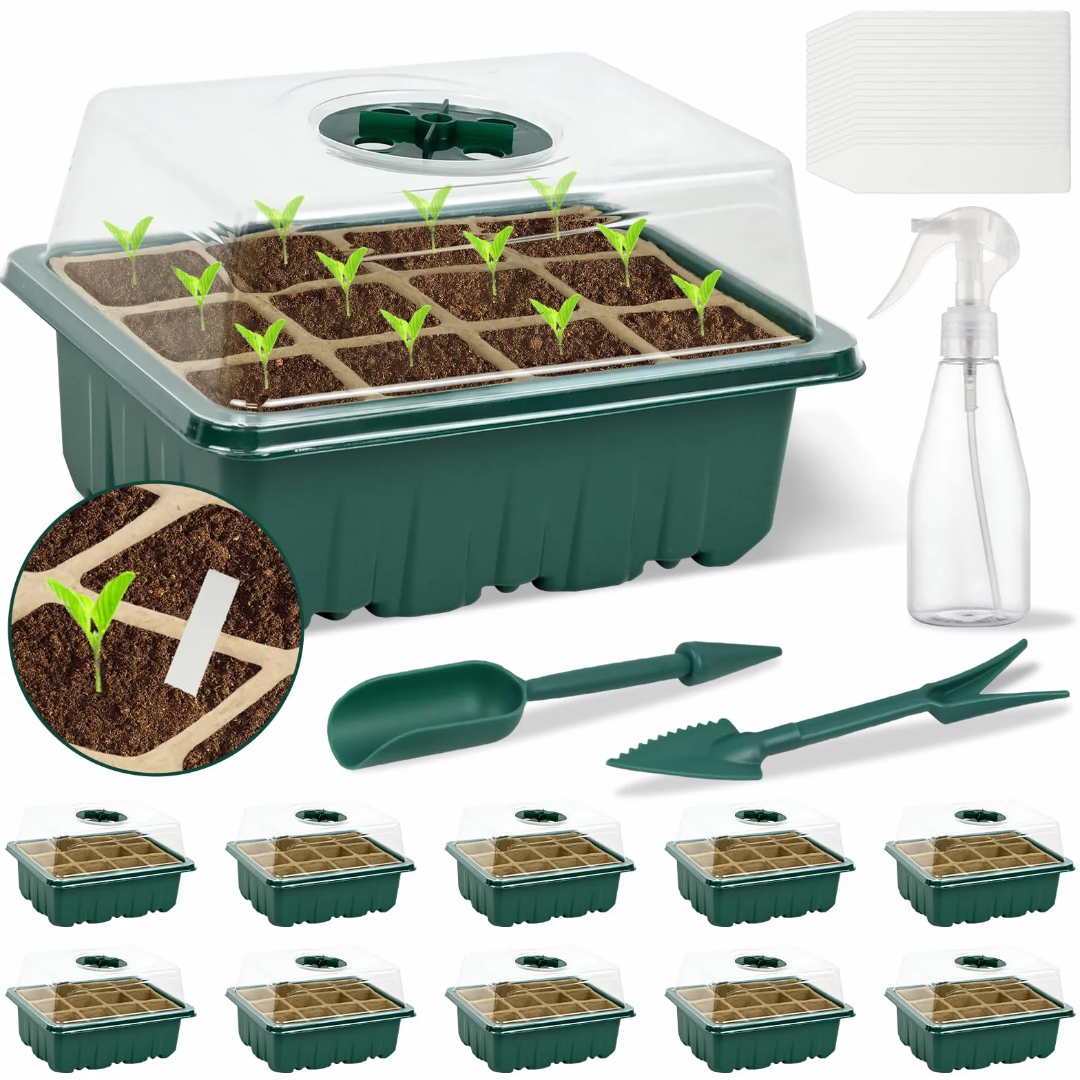 Mini Serre pour Plantes, 10 Pièces 120 Cellules Plaque Semis, Pots de Pépinière Biodégradables, avec Dôme de Ventilation, Vert