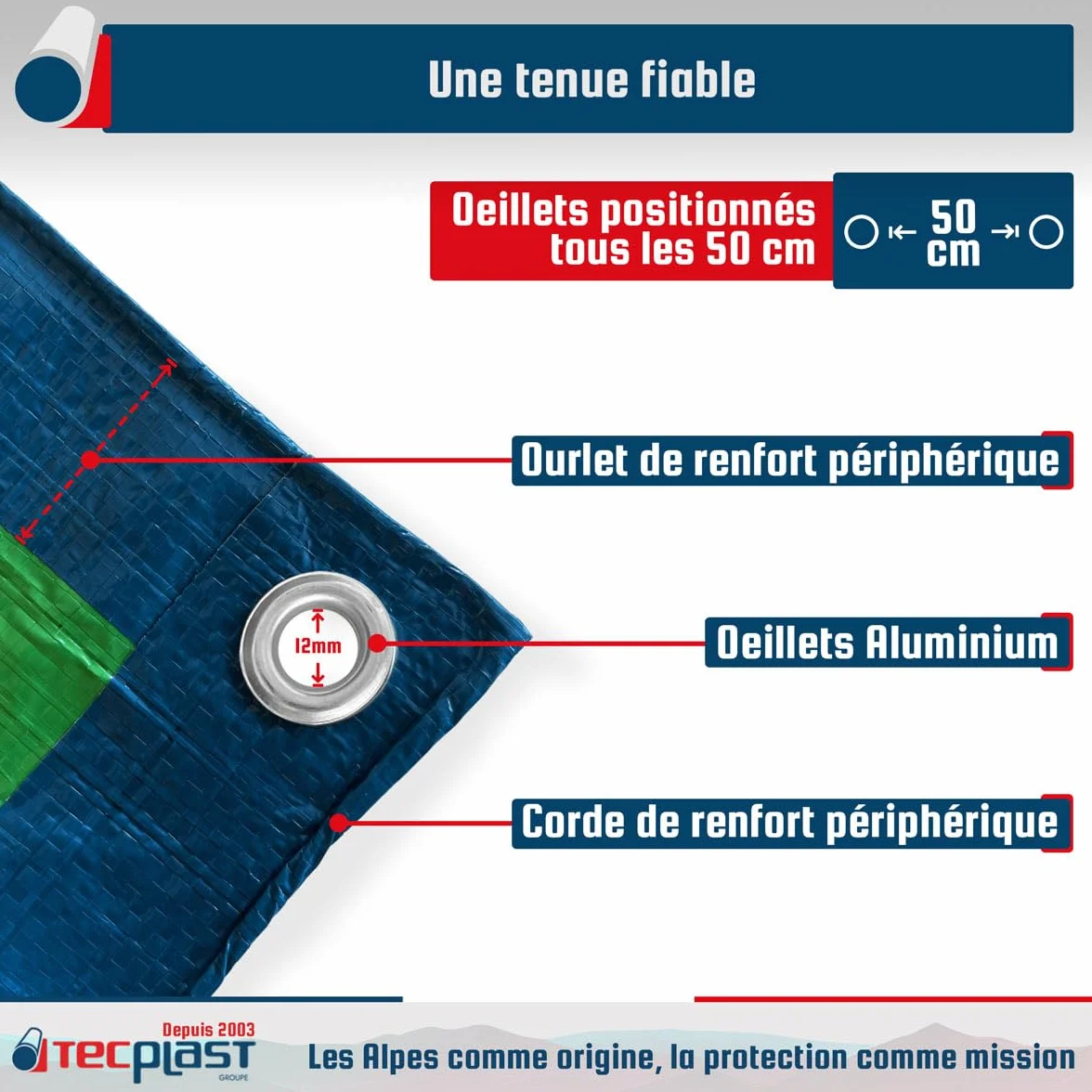 TECPLAST Bâche de Protection 6x10 m SR150MU Bleue et Verte - Haute Qualité - Bâche d'extérieur imperméable avec Oeillets