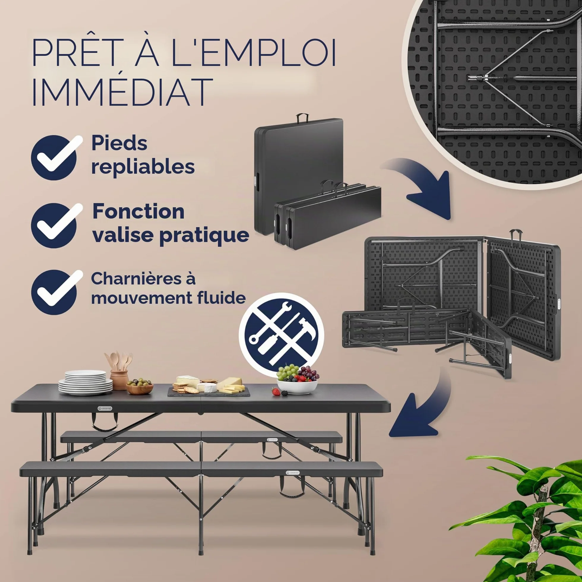 CASARIA Ensemble Table Pliante et 2 Bancs 180 cm Table de Jardin 8 Personnes