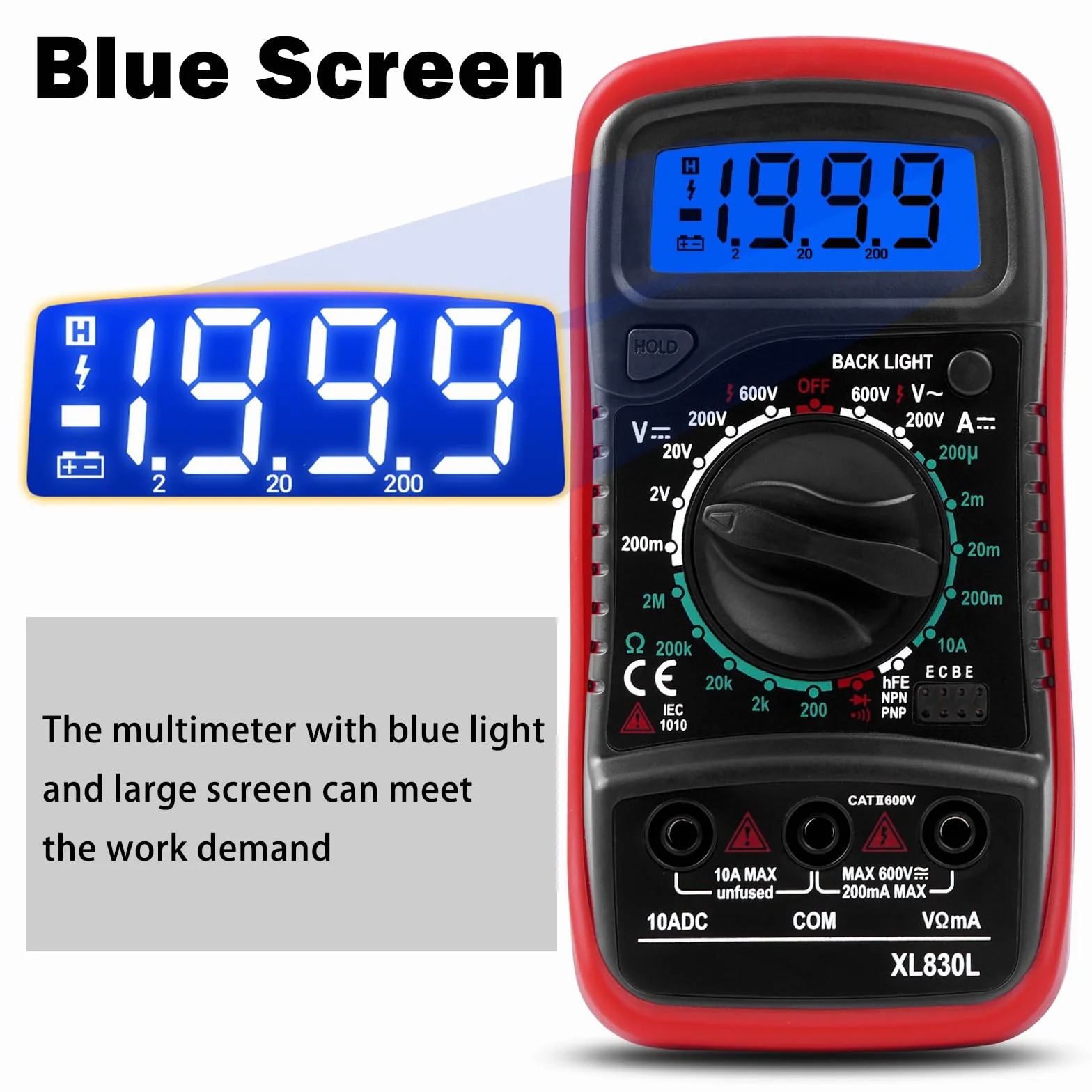 Multimètre Numérique Portable, Testeur Électrique avec écran LCD et rétroéclairage bleu,Mesure La Tension CA/CC, Ohmmètre, Courant CC, Résistance, Continuité, Diode, La batterie ne comprend pas