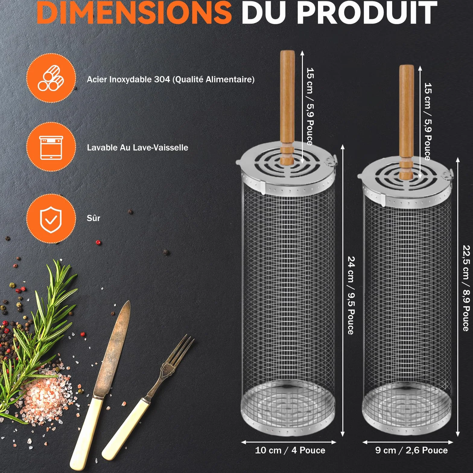 Set de Panier de Barbecue en Acier Inoxydable avec Poignée en Bois 2 Paniers Tournants Pliables 31x10cm 30x9cm