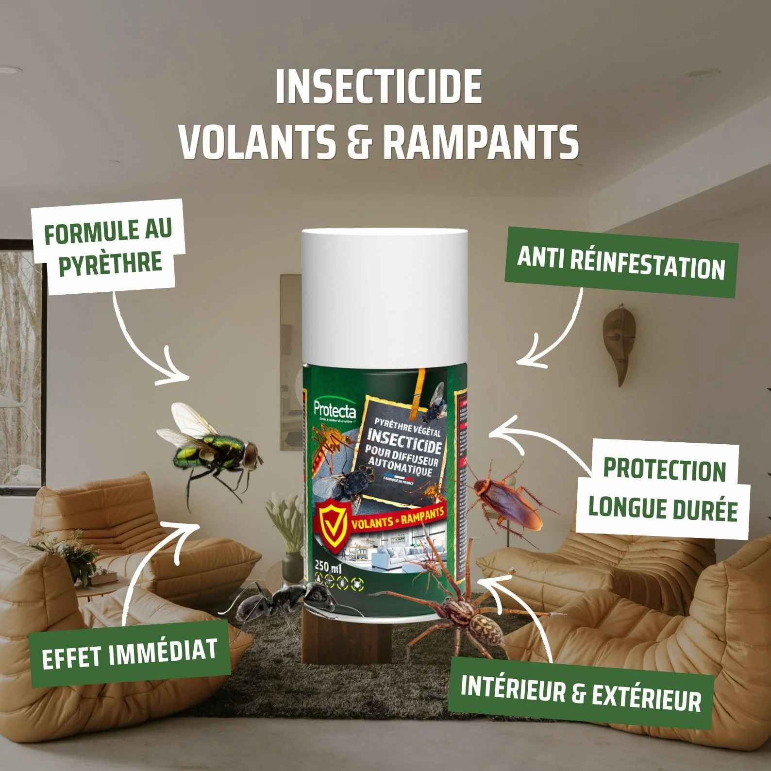 Protecta Aérosol Insecticide Anti-Moustiques Mouches Cafards Fourmis Pyrèthre Végétal Lot de 2