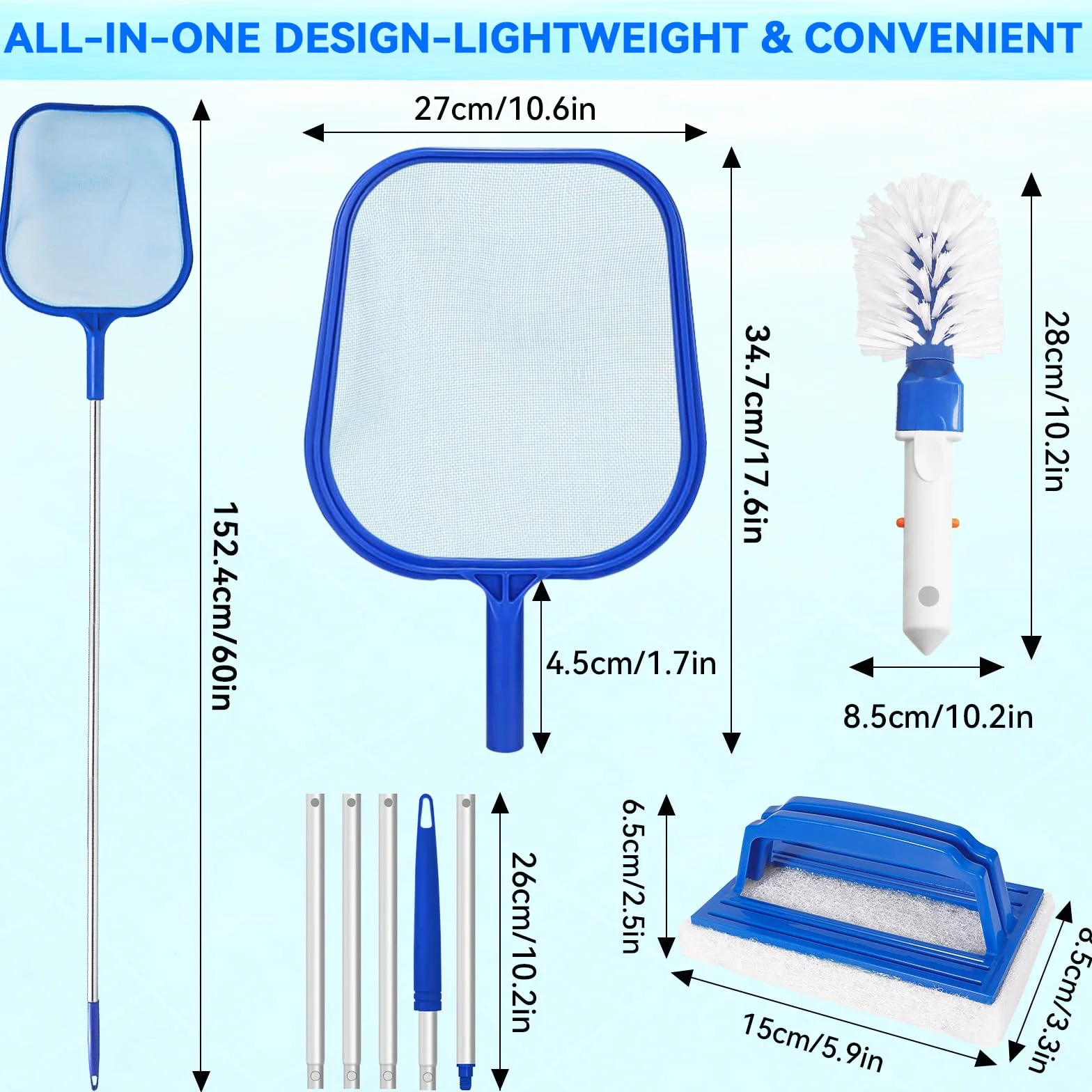 Kit de Nettoyage de Spa, Épuisette Piscine à Maille Fine, Perche Télescopique Aluminium 5 Sections, Brosse Éponge et Brosse Nettoyante